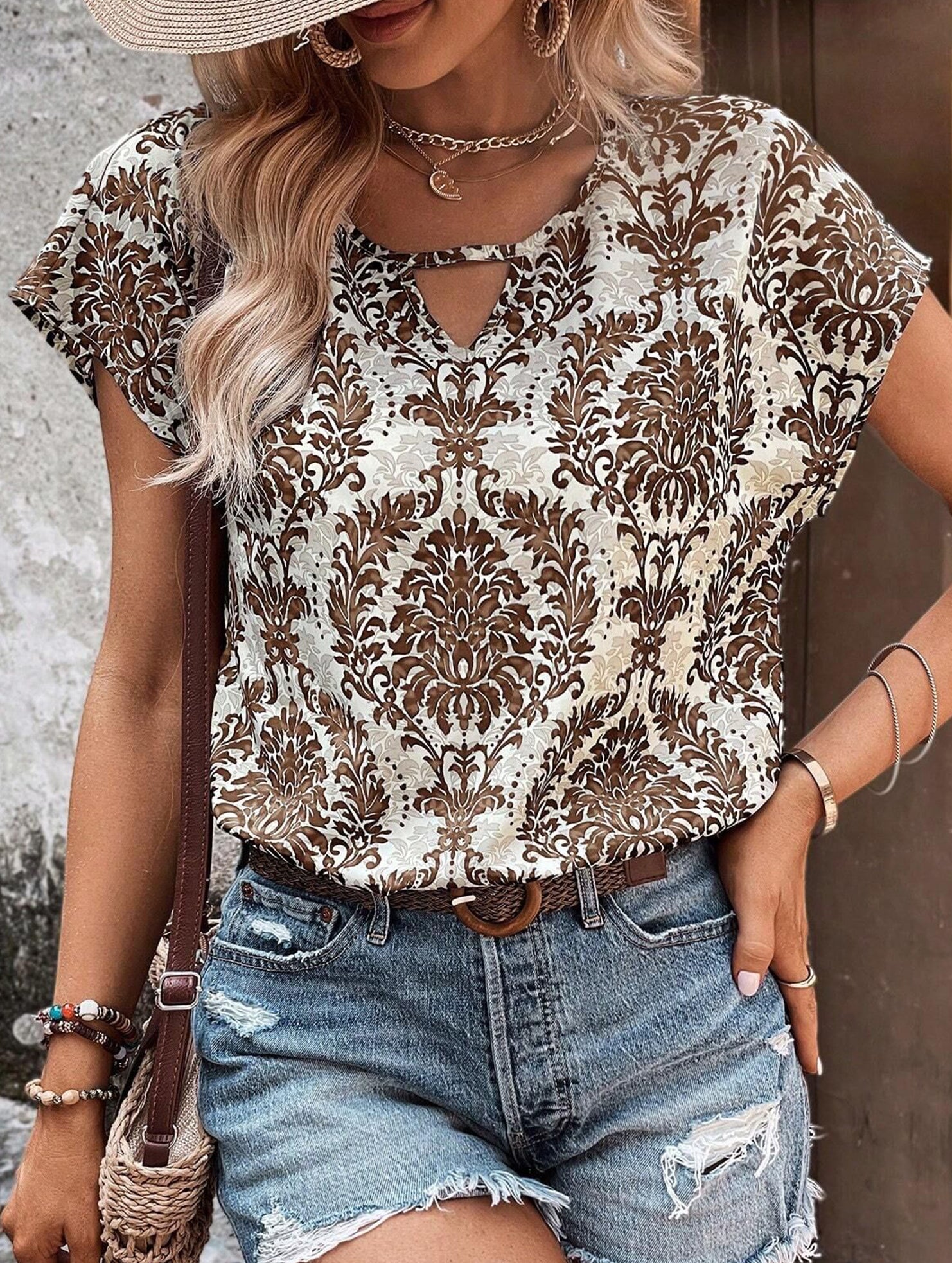Print V Neck Batwing Sleeve Top