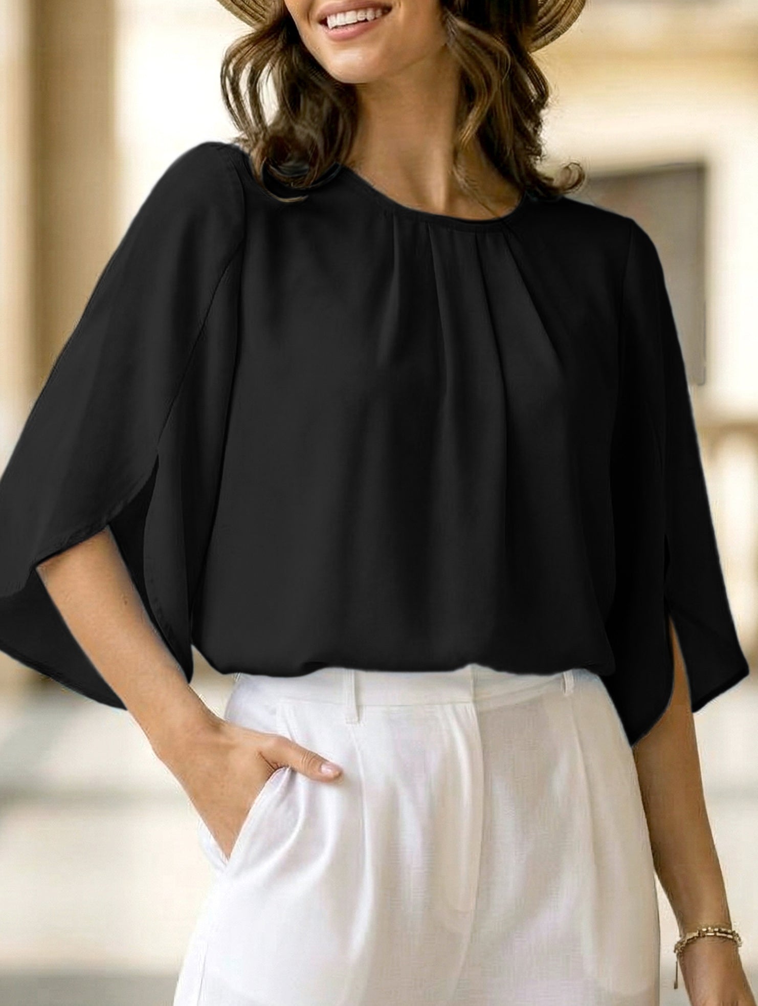Chiffon Crewneck Half Sleeve Blouse
