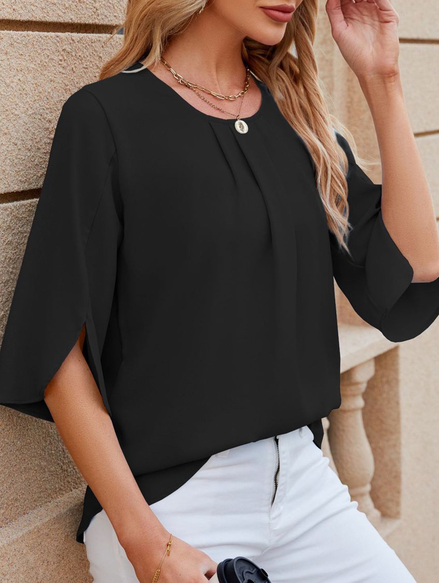 Chiffon Crewneck Half Sleeve Blouse