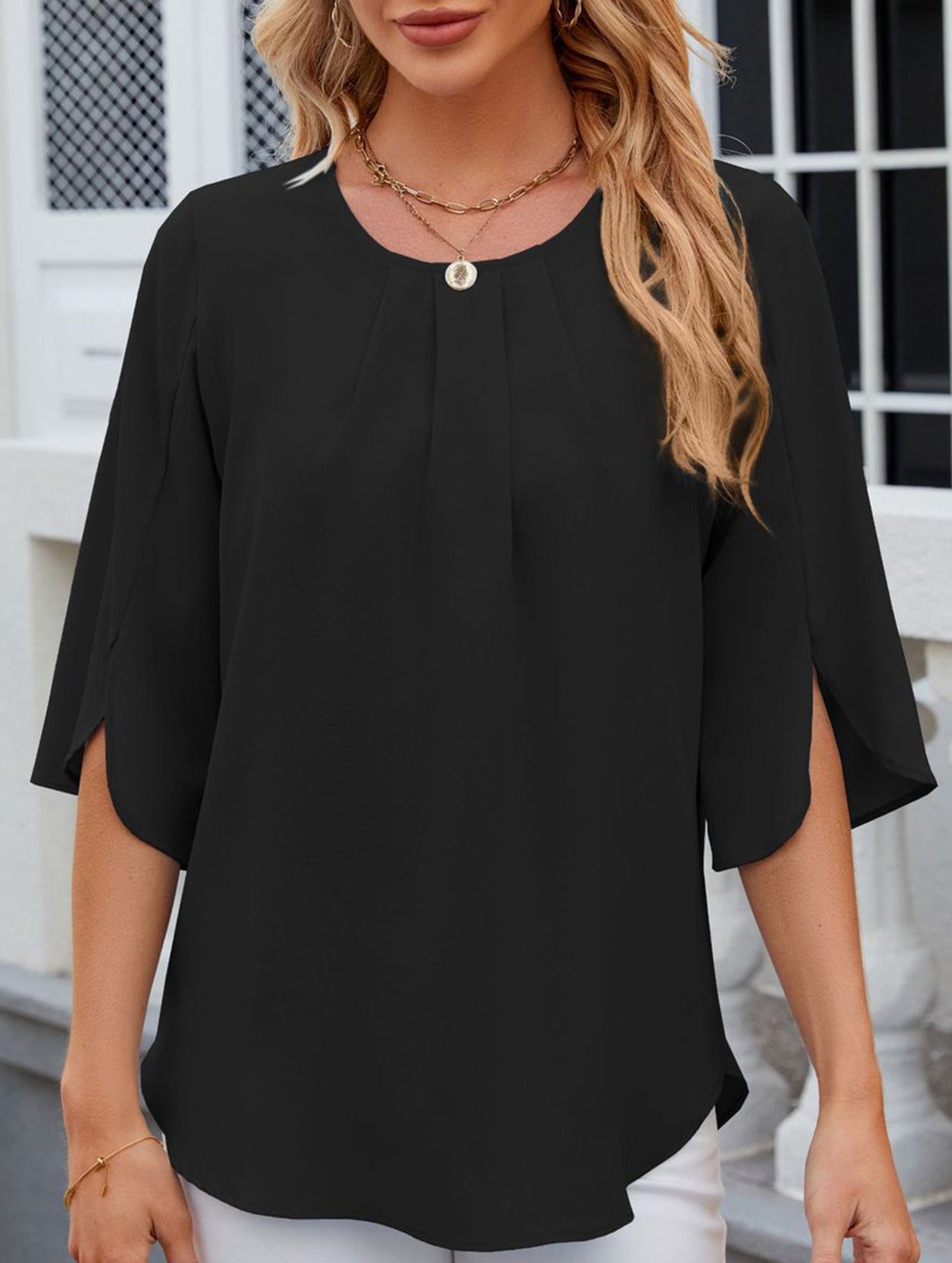 Chiffon Crewneck Half Sleeve Blouse