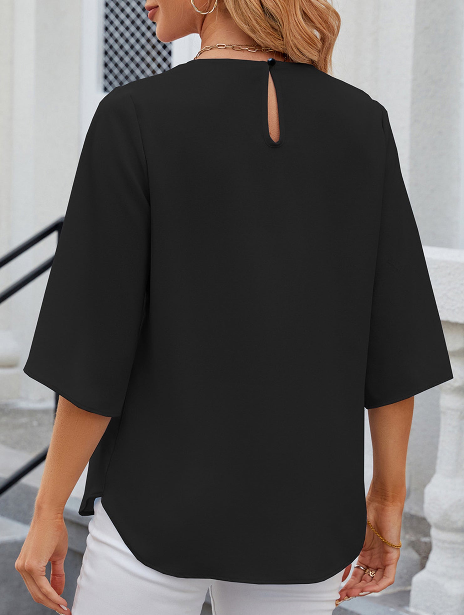 Chiffon Crewneck Half Sleeve Blouse