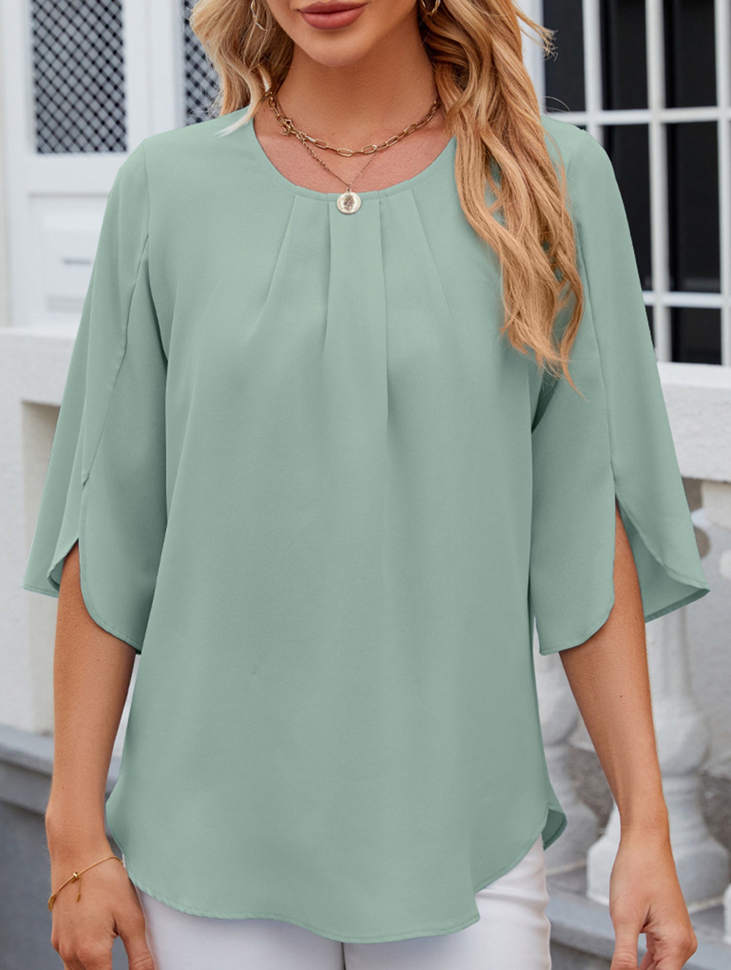 Chiffon Crewneck Half Sleeve Blouse