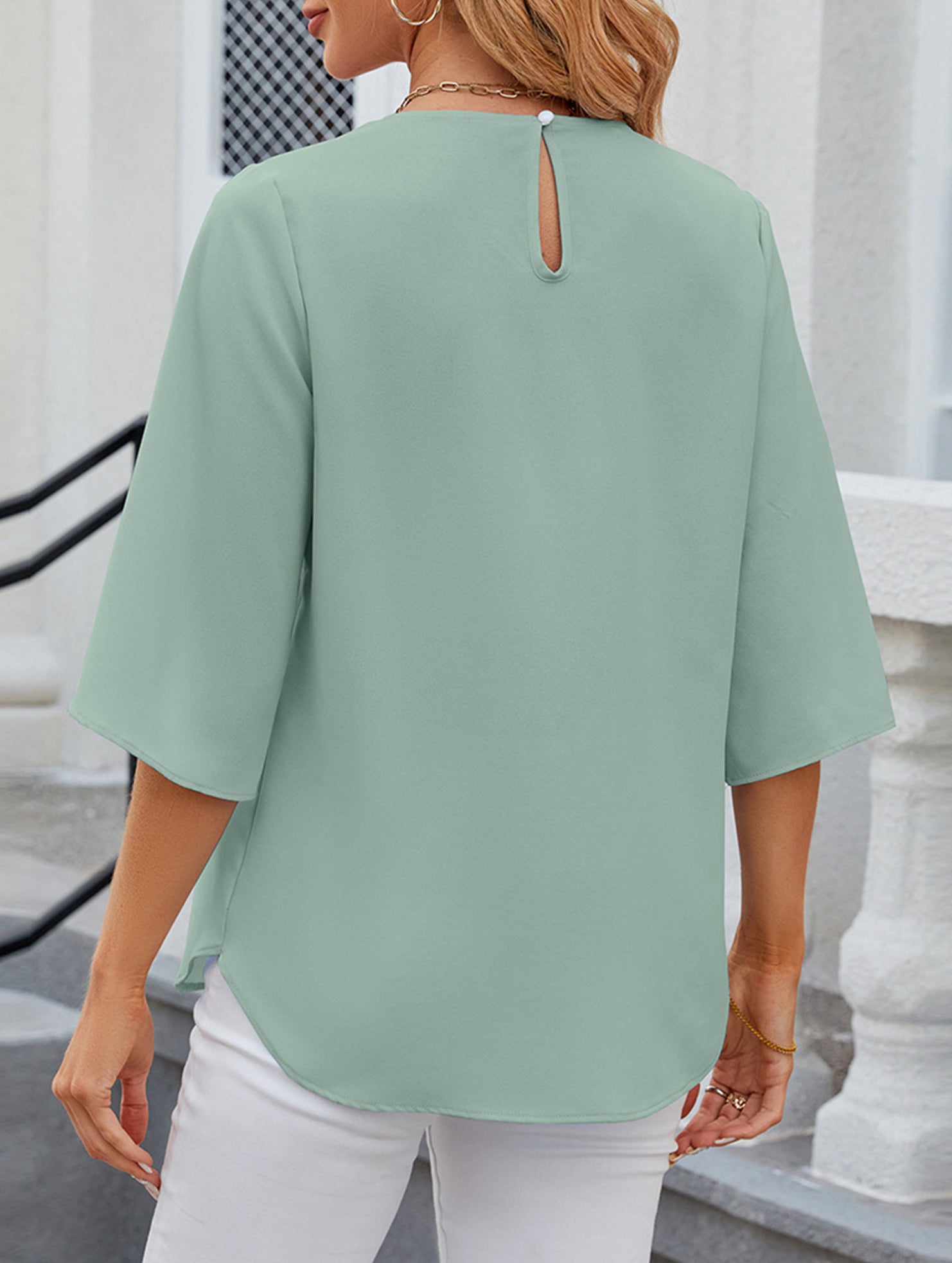 Chiffon Crewneck Half Sleeve Blouse