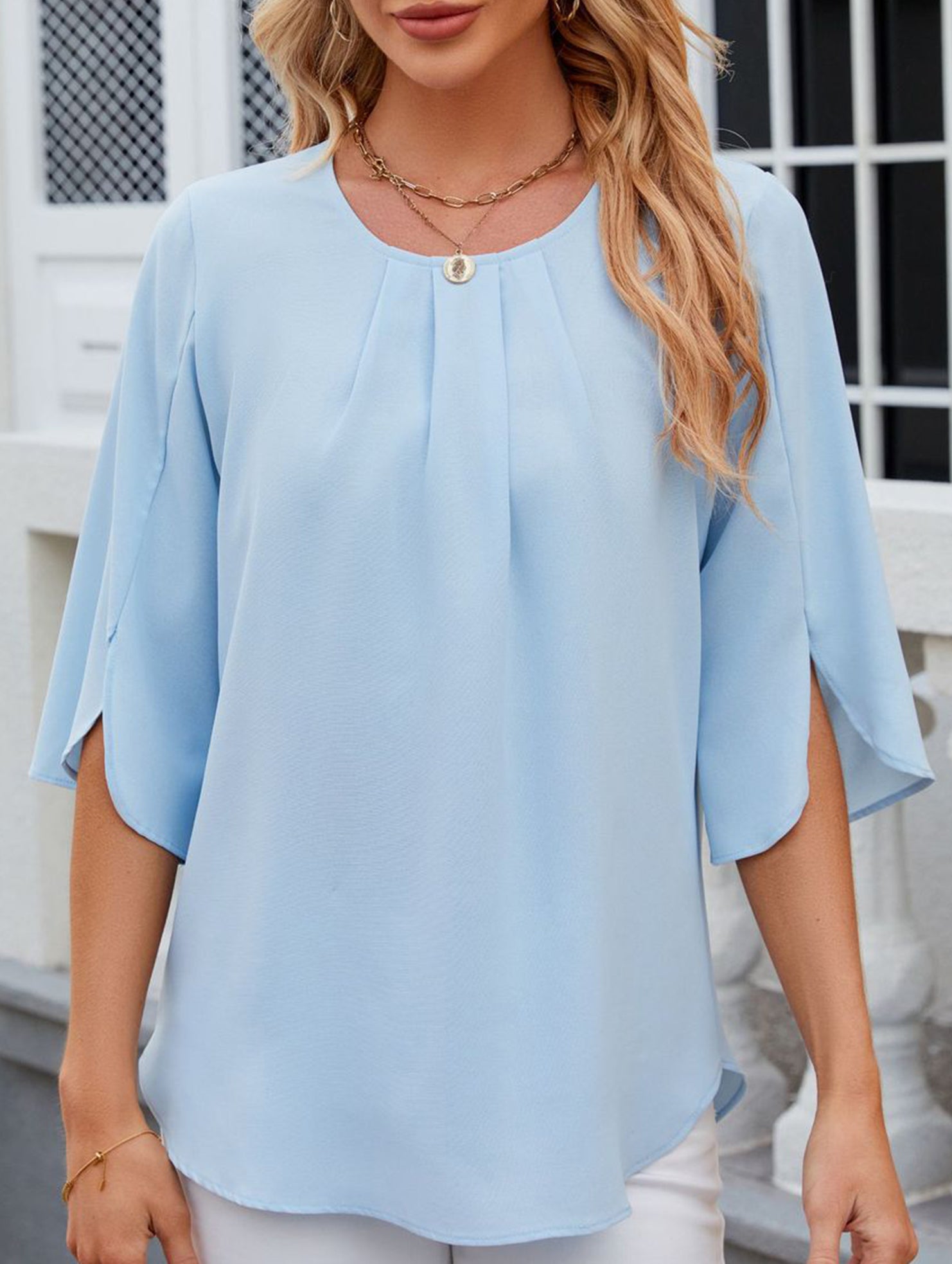 Chiffon Crewneck Half Sleeve Blouse