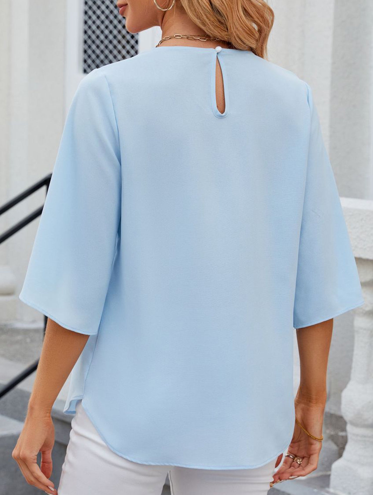 Chiffon Crewneck Half Sleeve Blouse