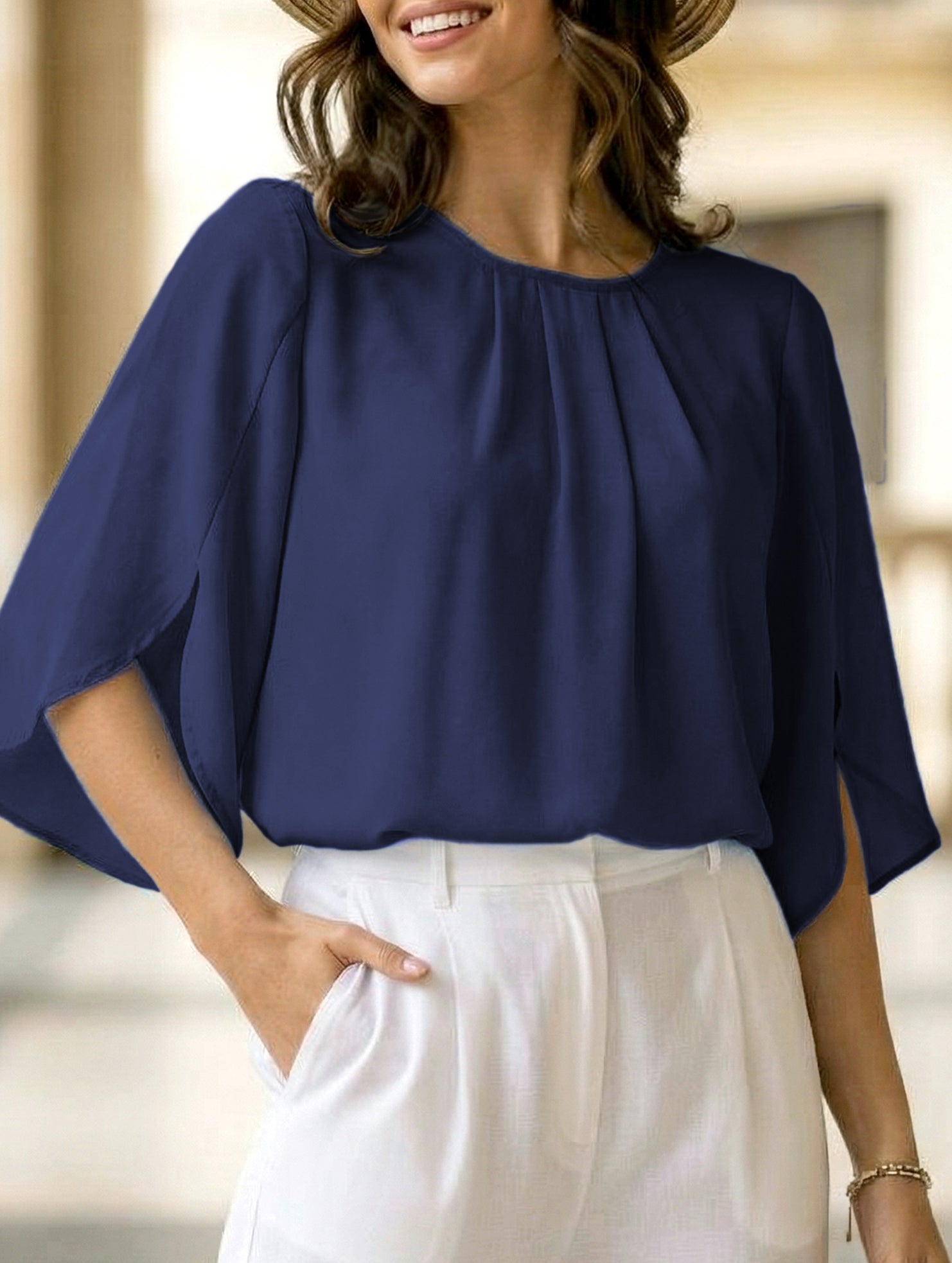Chiffon Crewneck Half Sleeve Blouse