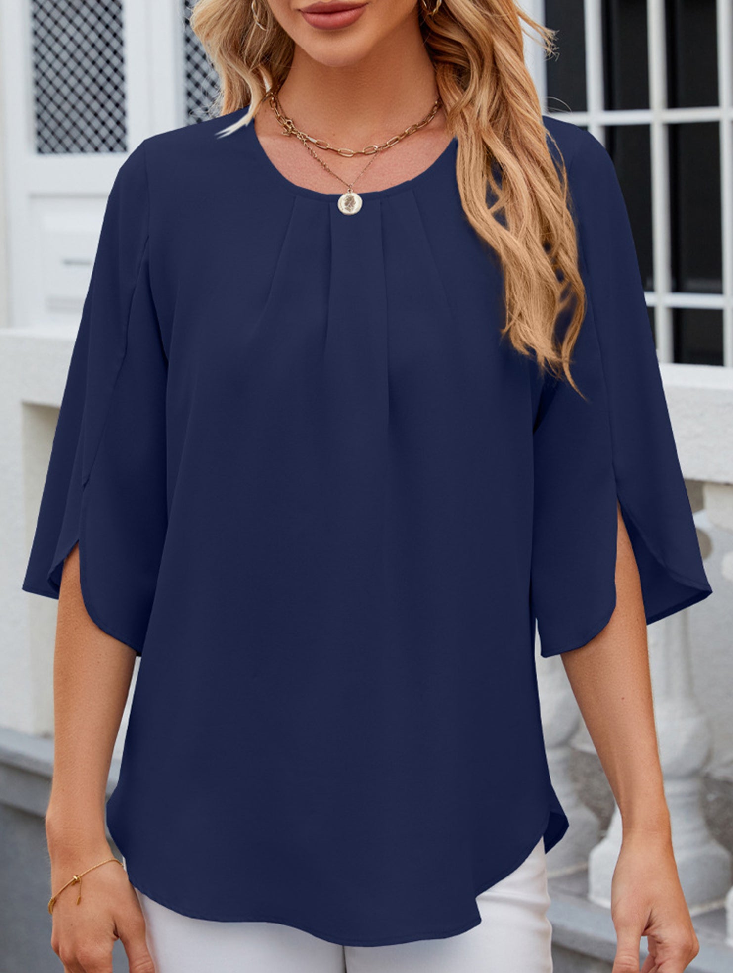 Chiffon Crewneck Half Sleeve Blouse