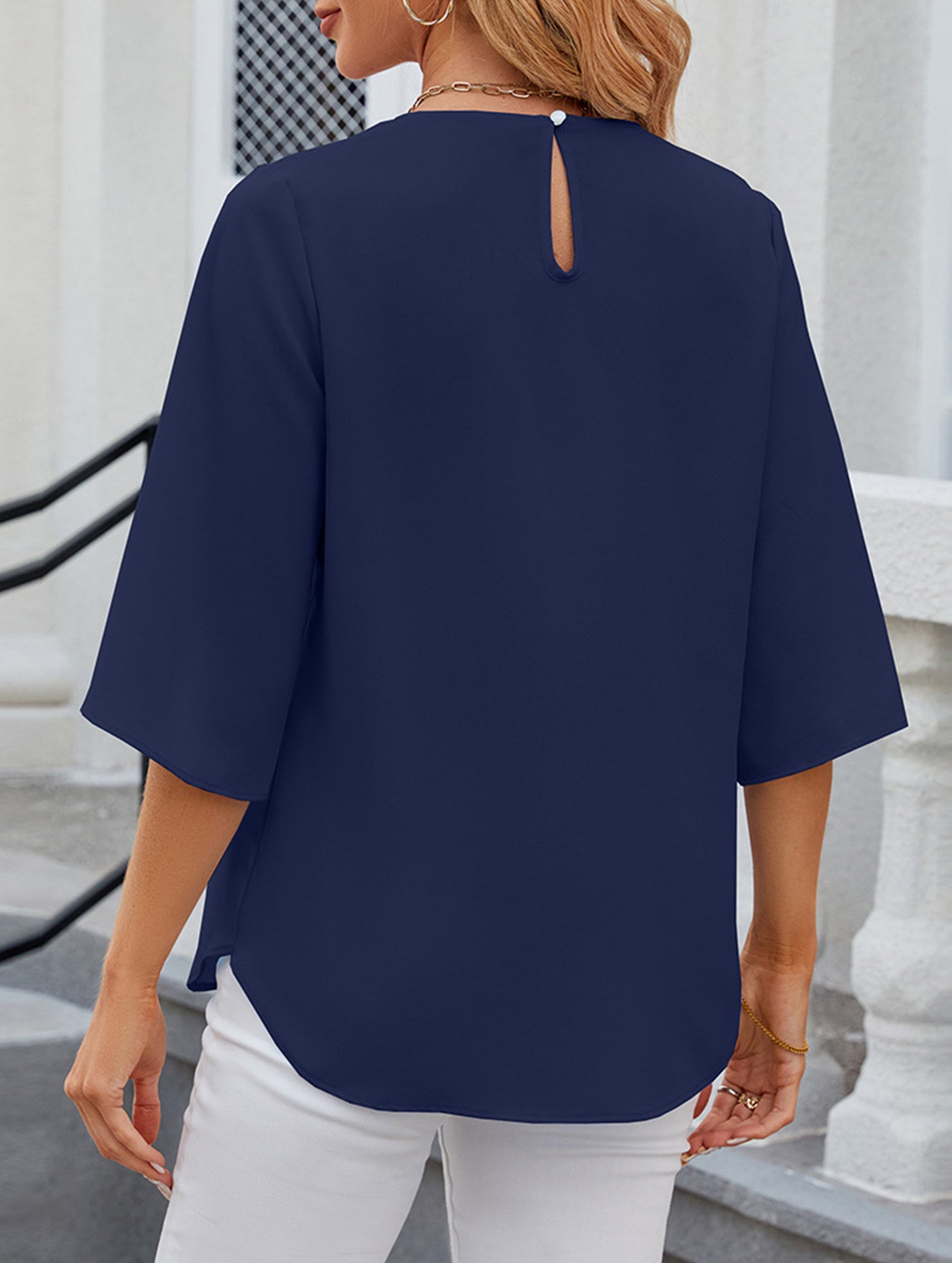 Chiffon Crewneck Half Sleeve Blouse