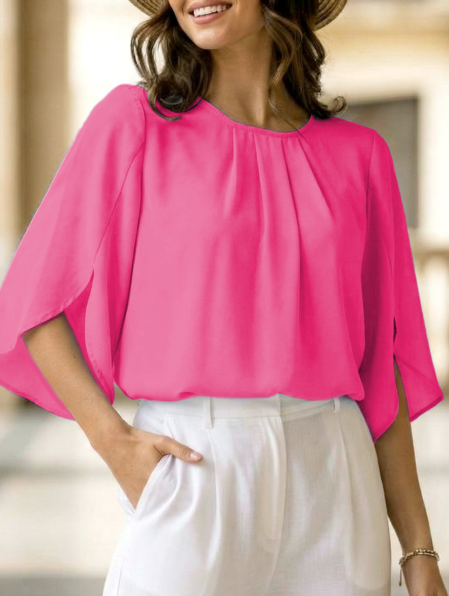 Chiffon Crewneck Half Sleeve Blouse