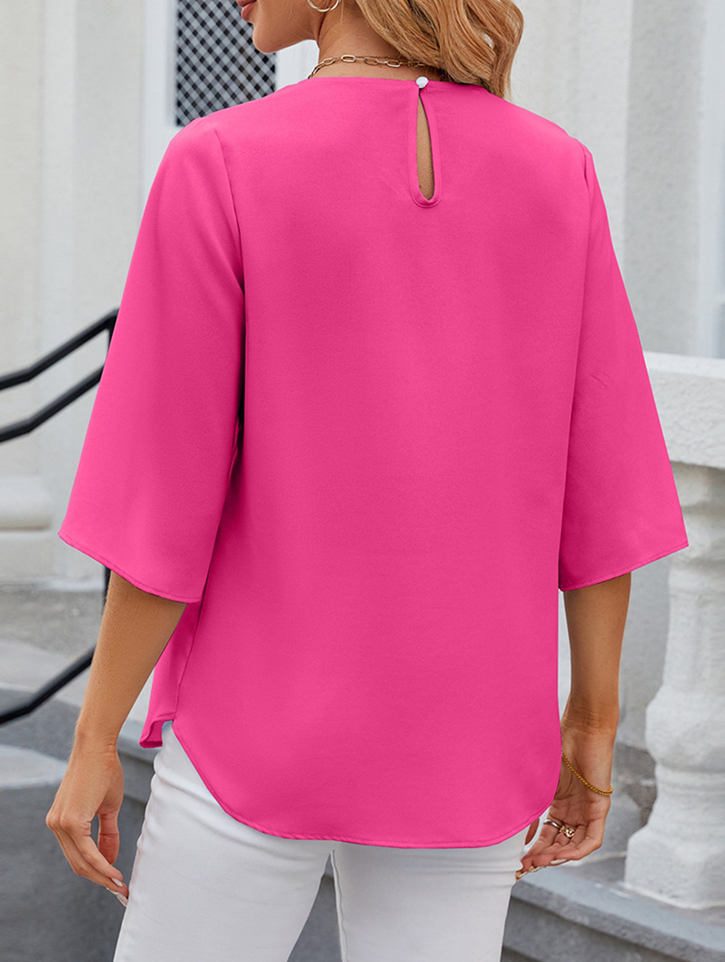 Chiffon Crewneck Half Sleeve Blouse
