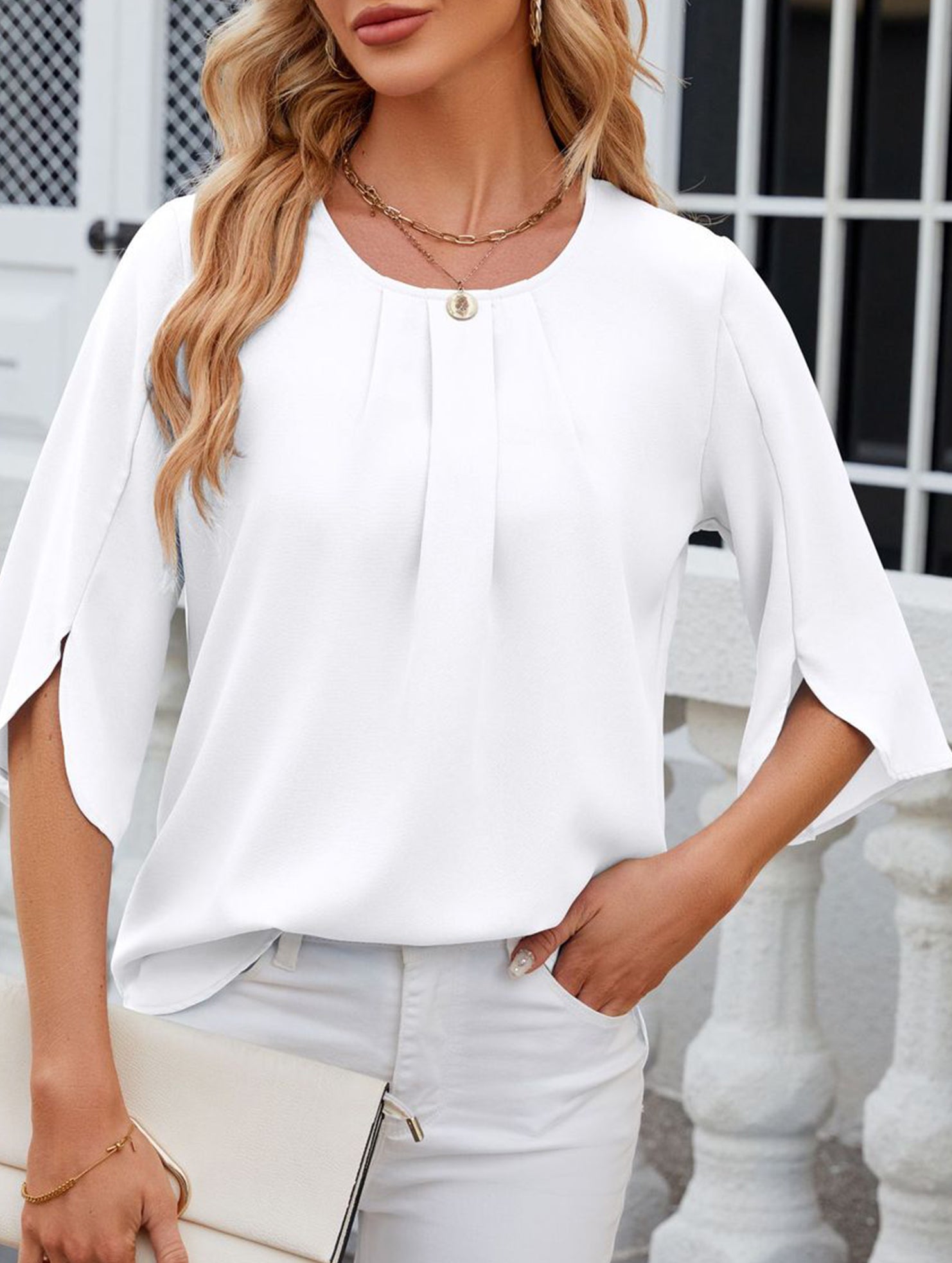 Chiffon Crewneck Half Sleeve Blouse