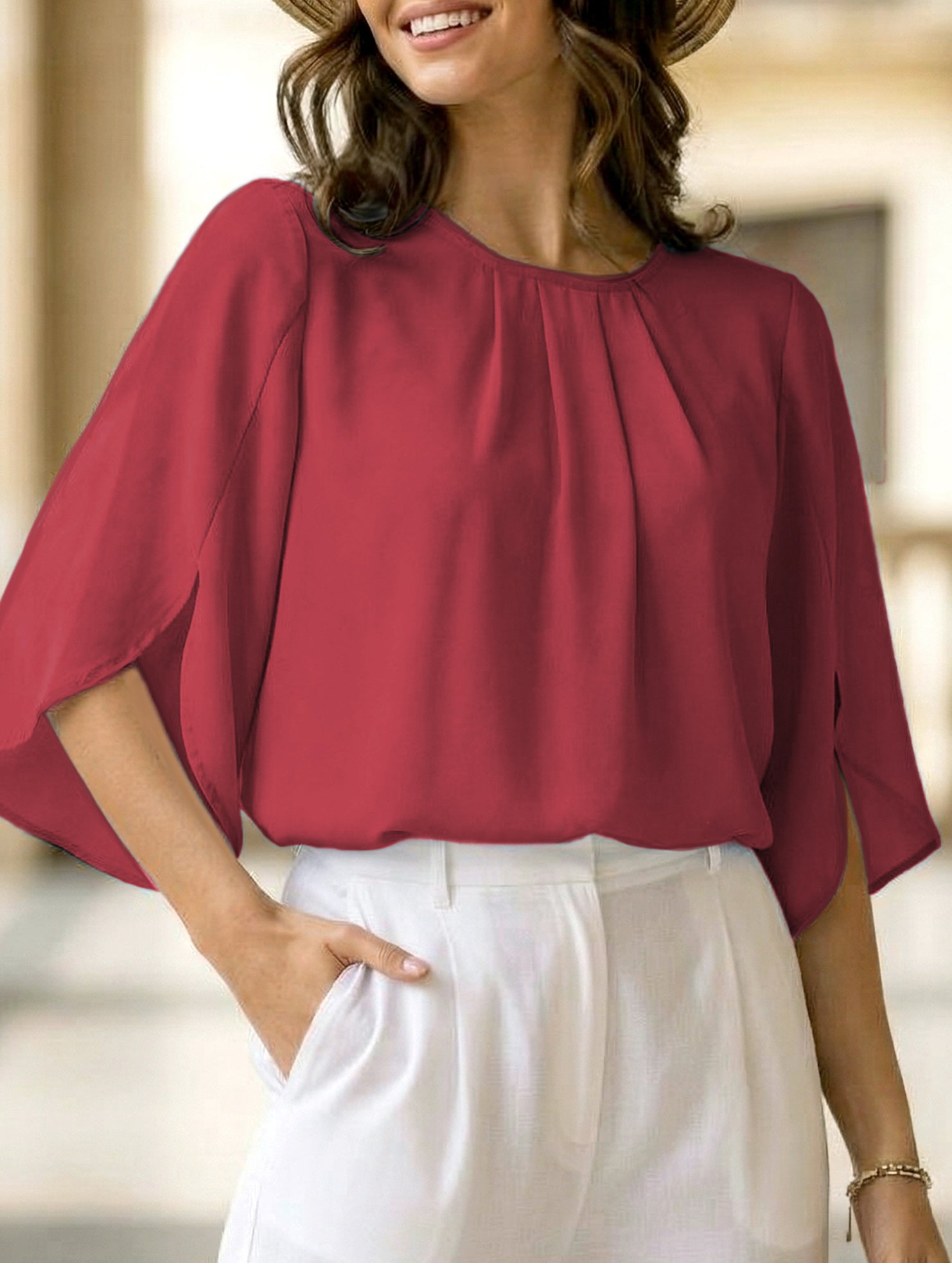 Chiffon Crewneck Half Sleeve Blouse
