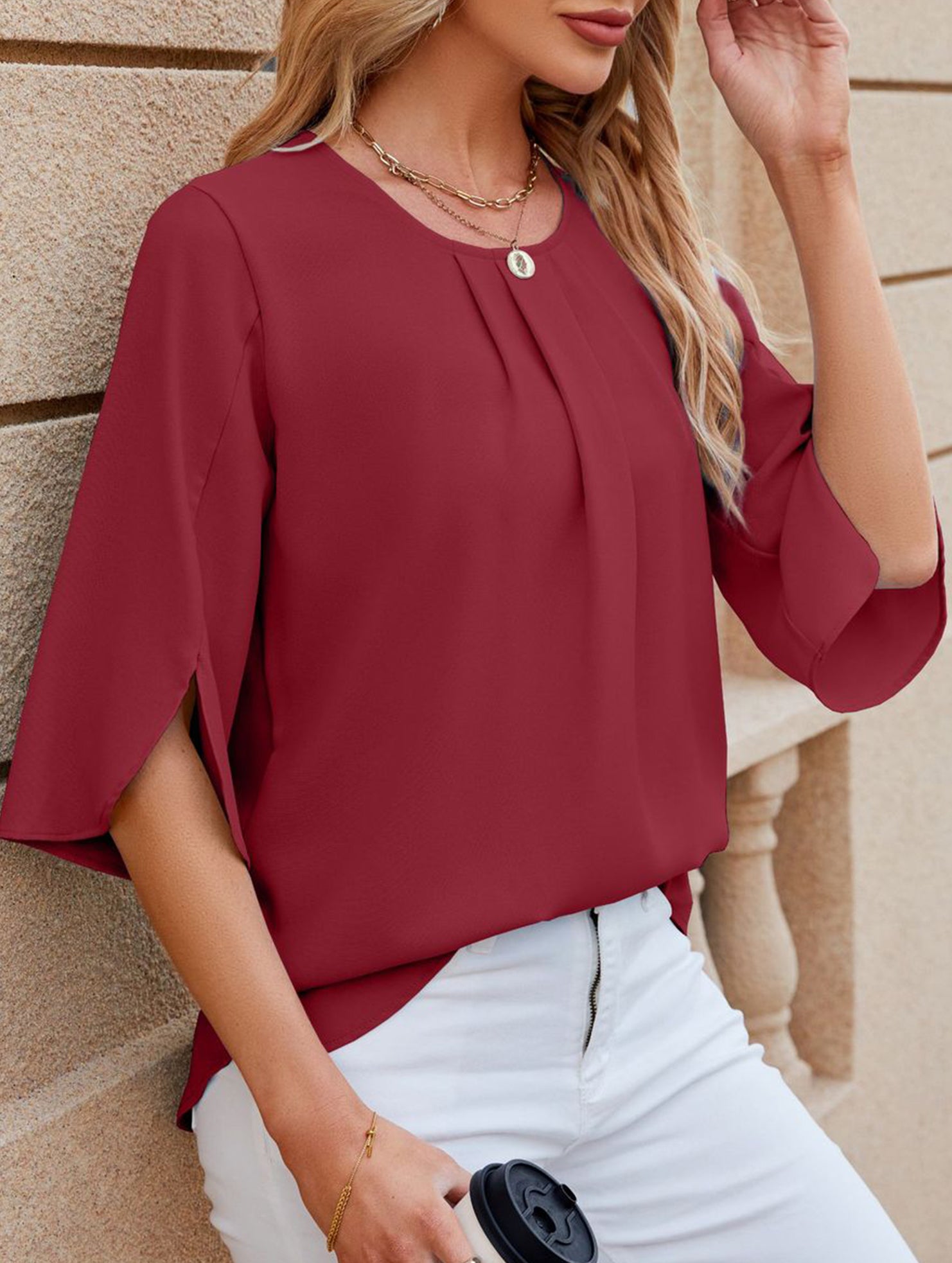 Chiffon Crewneck Half Sleeve Blouse