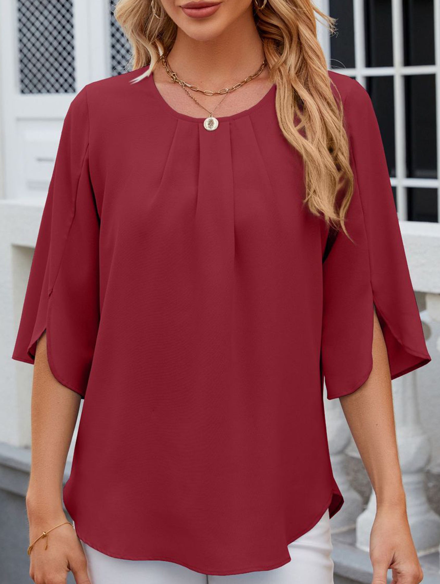 Chiffon Crewneck Half Sleeve Blouse