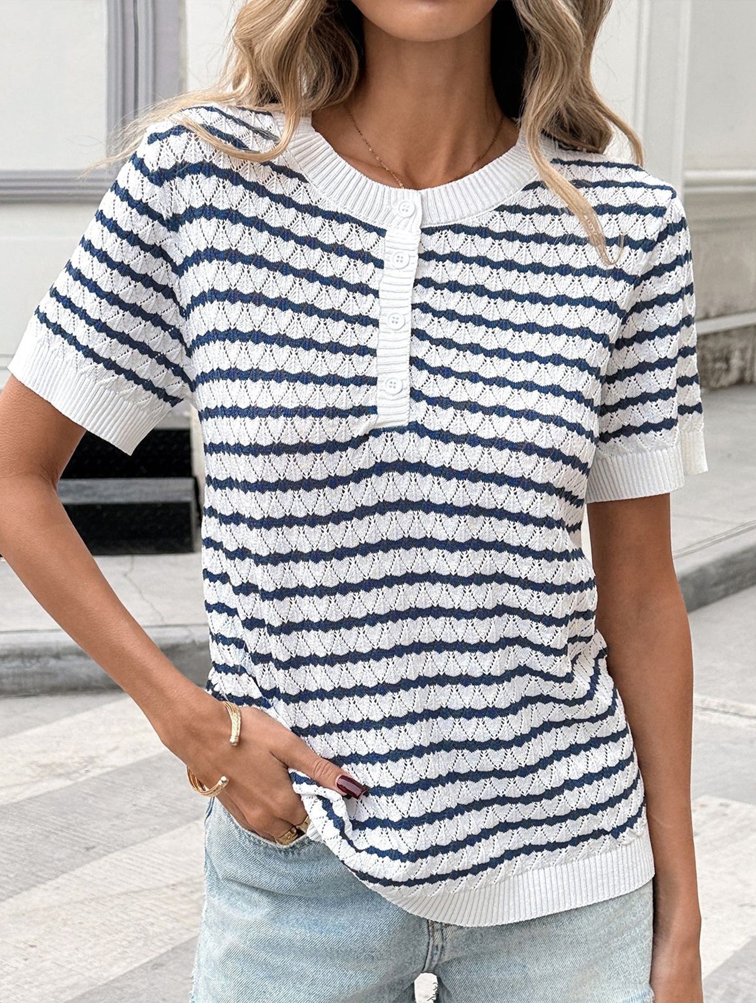 Knit Half Button Loose Tee