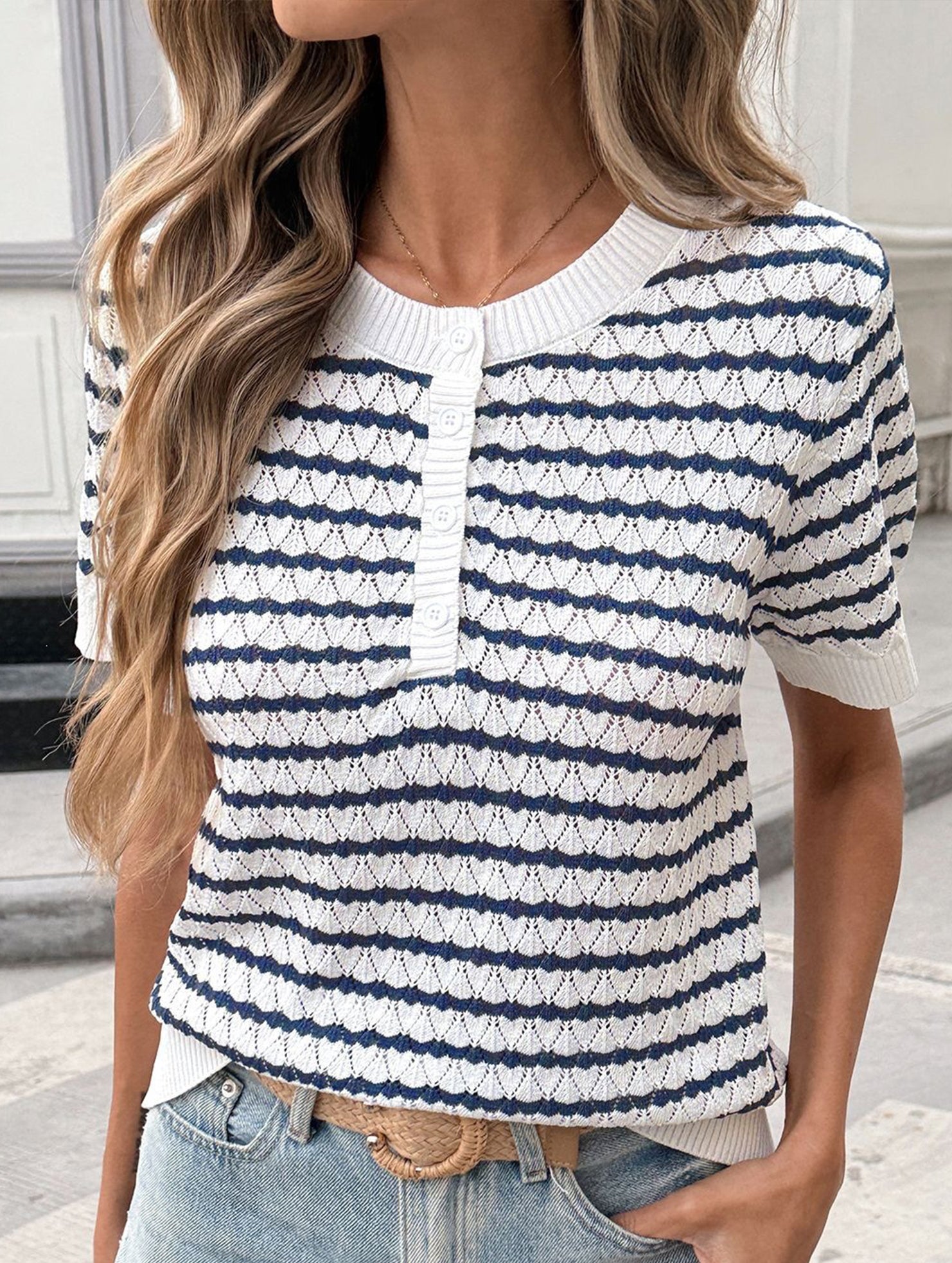 Knit Half Button Loose Tee