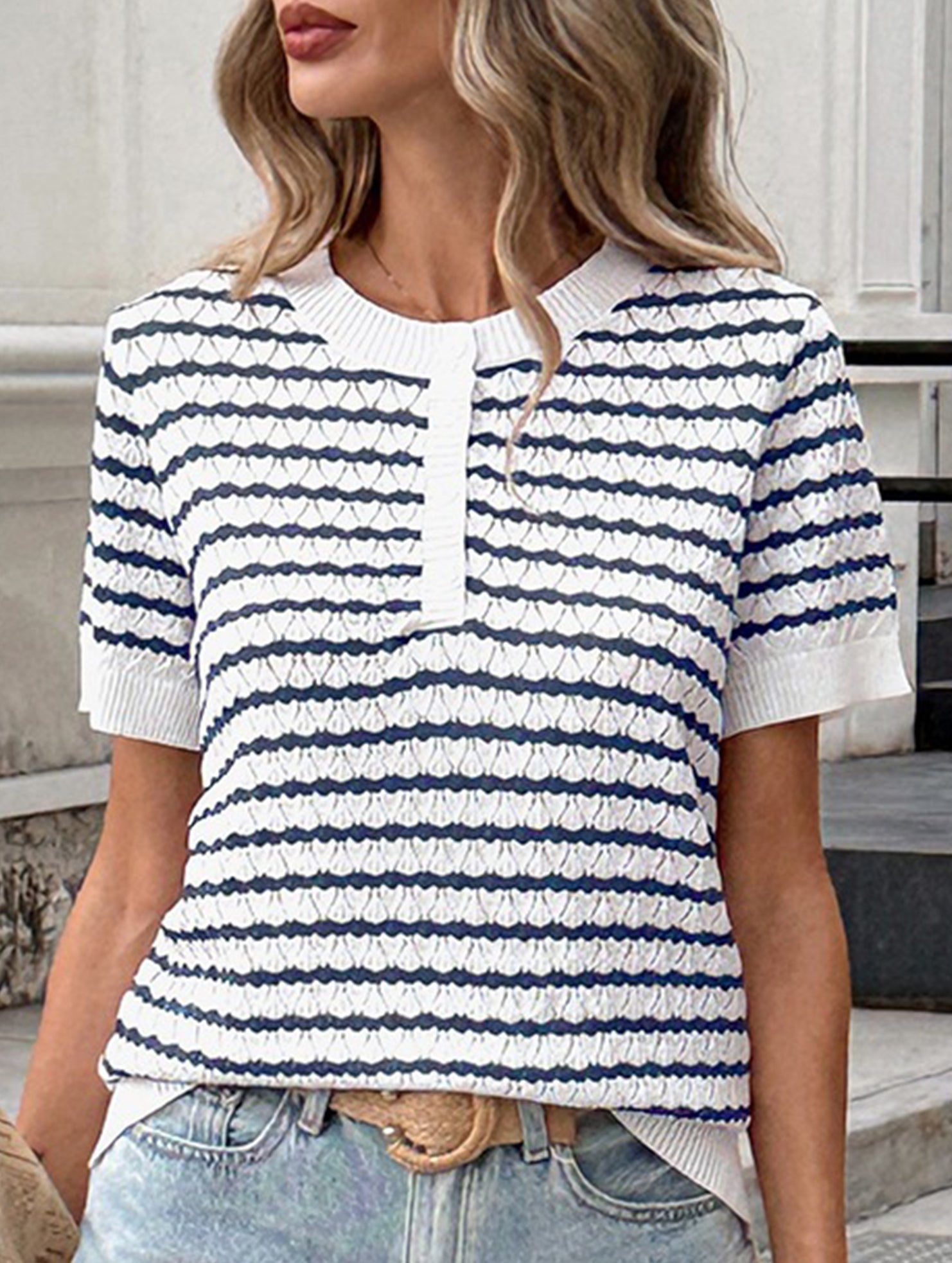 Knit Half Button Loose Tee