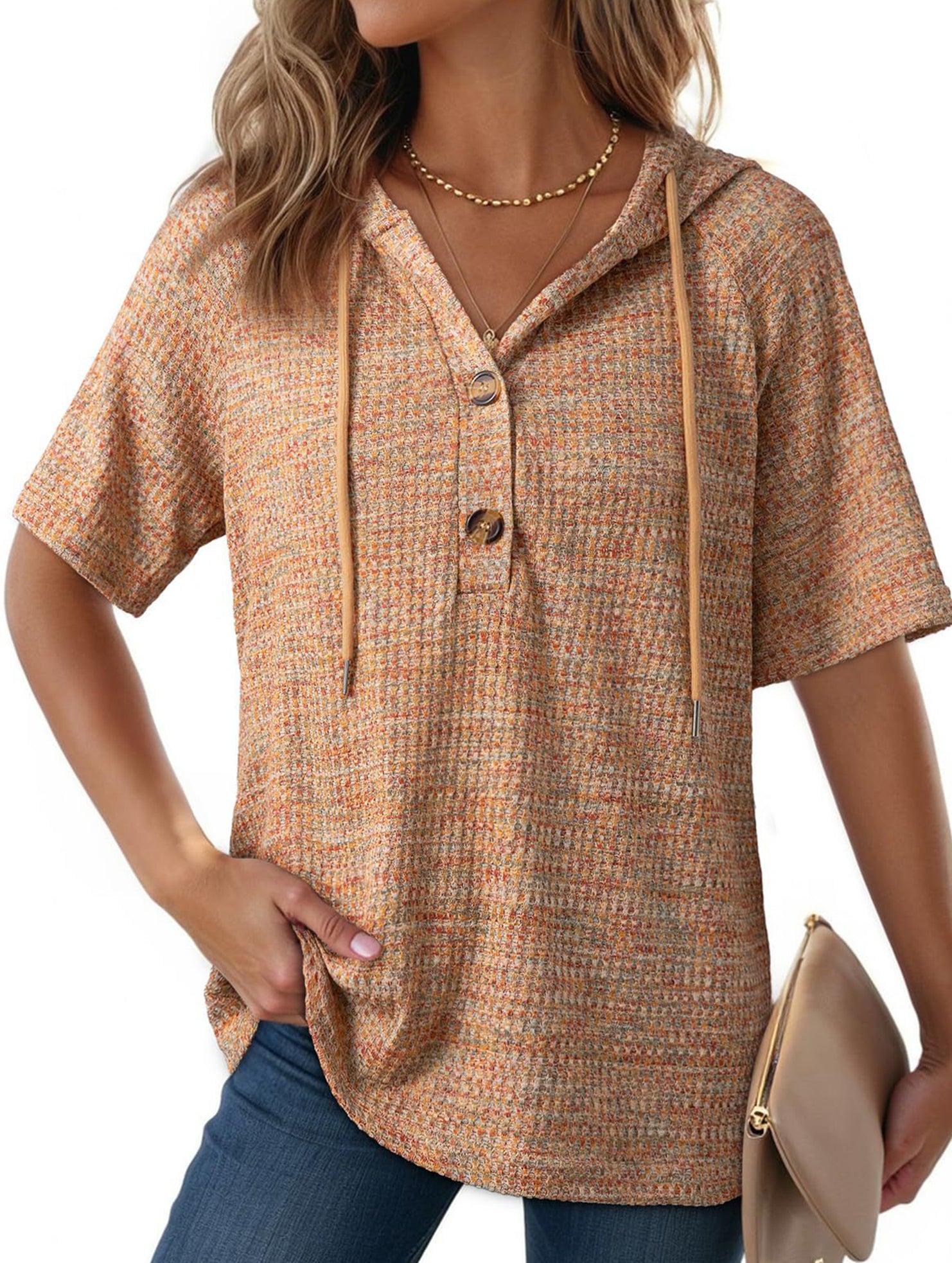 Waffle V Neck Hooded Short Sleeve Top