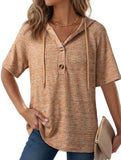 Waffle V Neck Hooded Short Sleeve Top