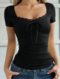 Square Neck Lace Tie Crop Tee