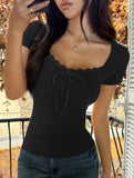 Square Neck Lace Tie Crop Tee