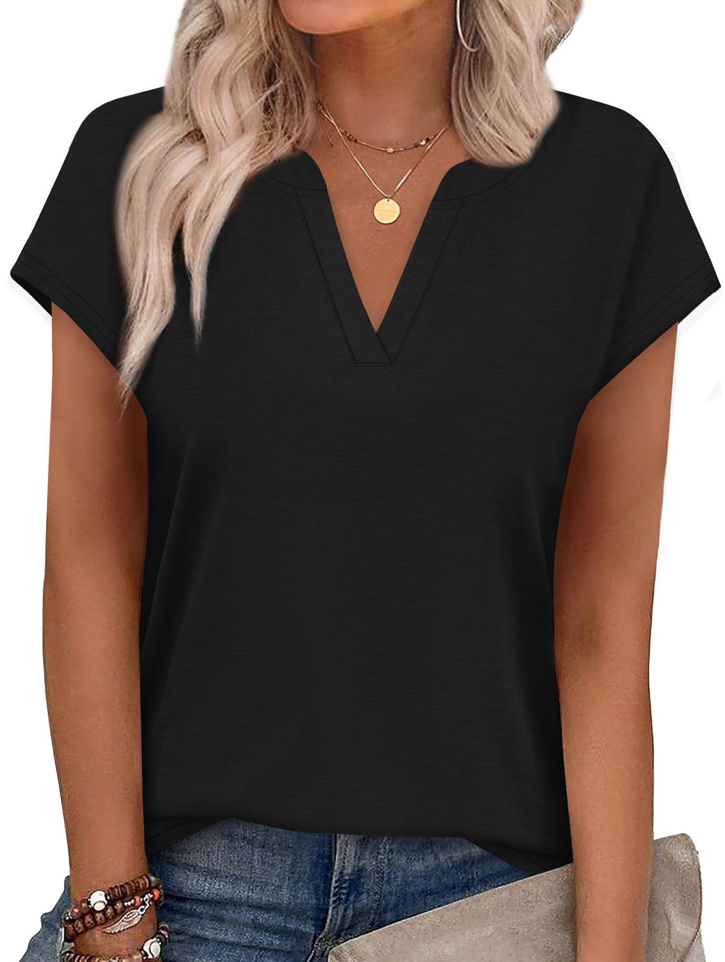 V Neck Patch Short Sleeve Tee_CWTTS00915