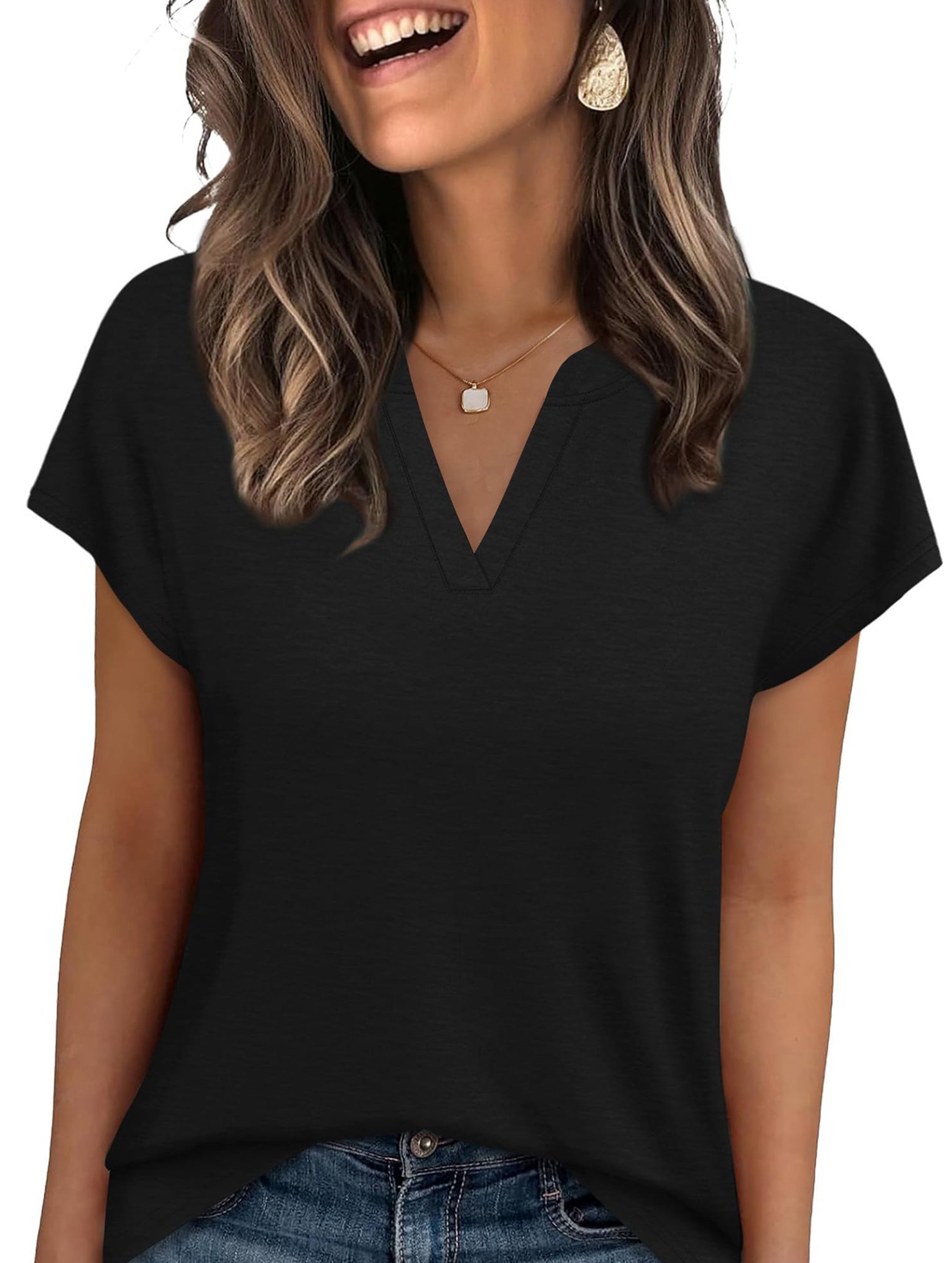 V Neck Patch Short Sleeve Tee_CWTTS00915