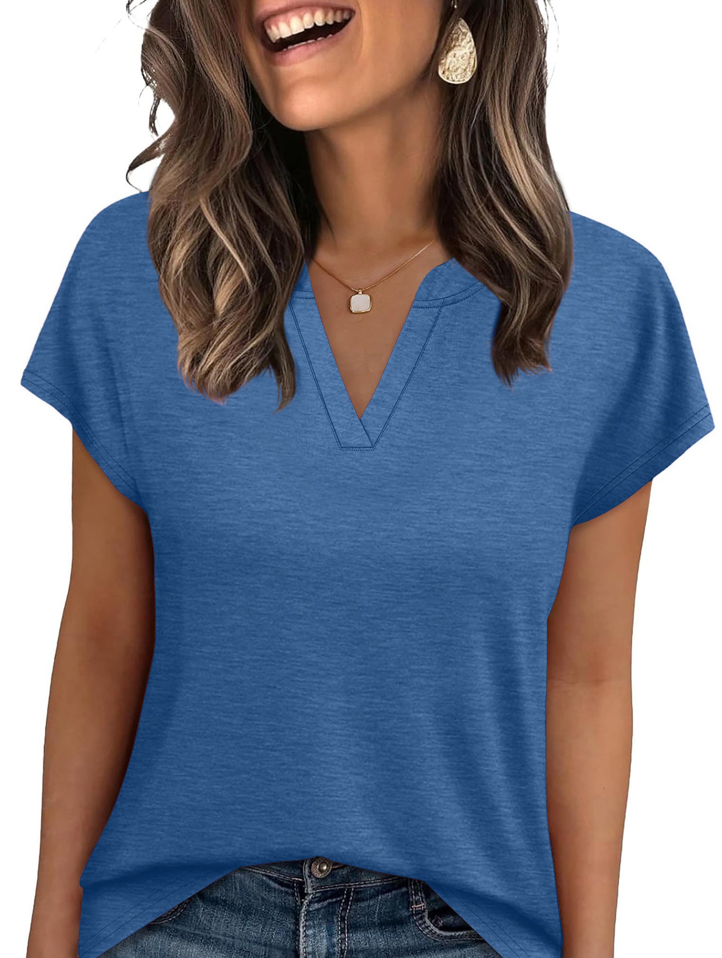 V Neck Patch Short Sleeve Tee_CWTTS00915