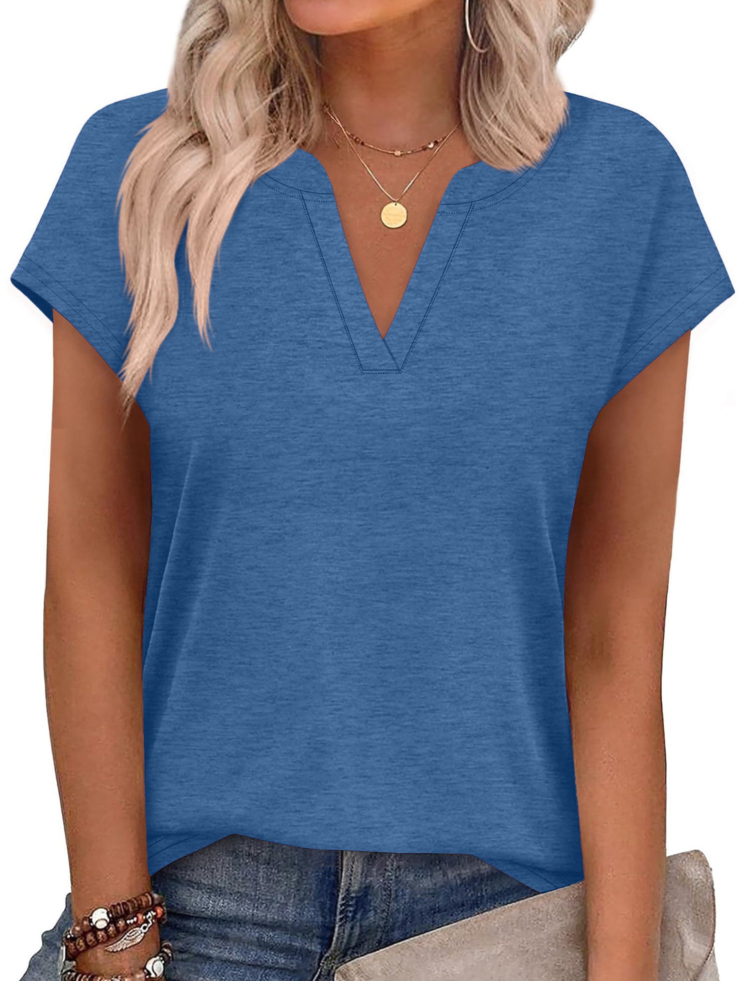V Neck Patch Short Sleeve Tee_CWTTS00915