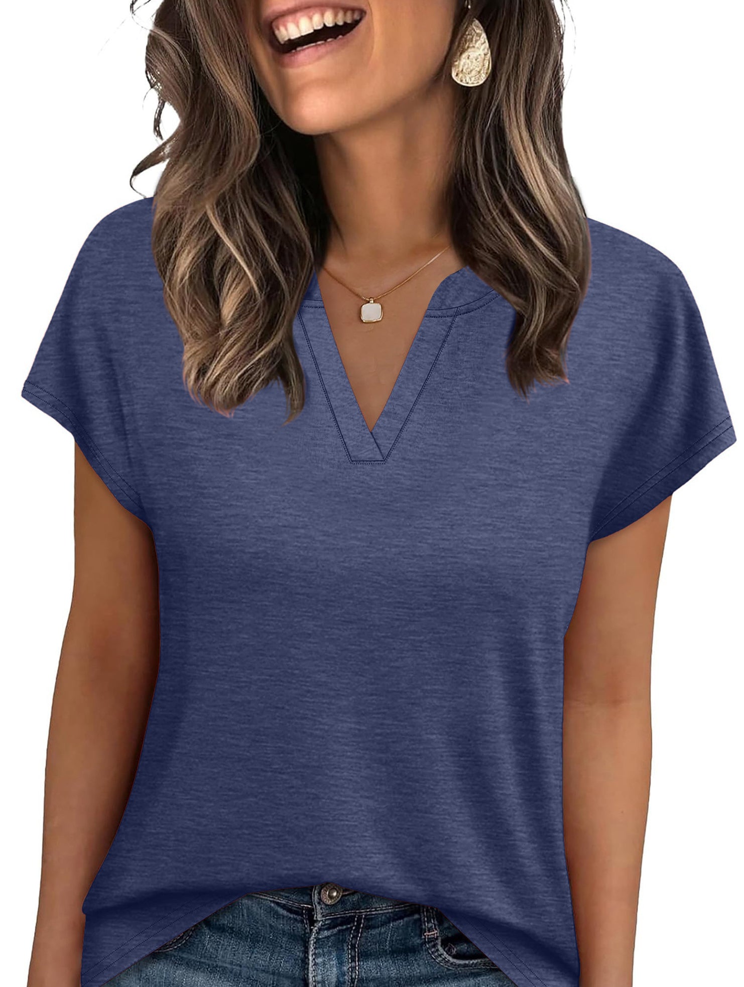 V Neck Patch Short Sleeve Tee_CWTTS00915