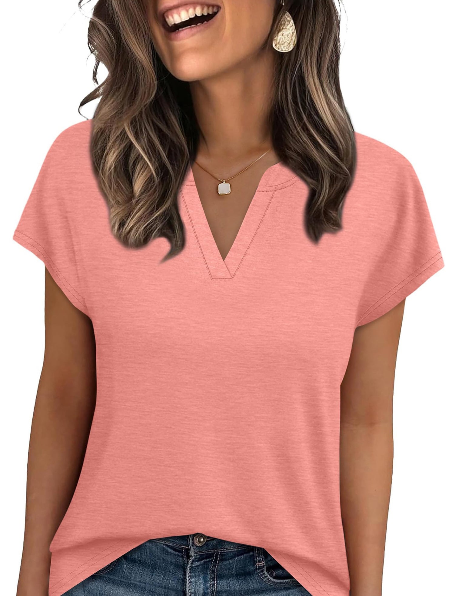 V Neck Patch Short Sleeve Tee_CWTTS00915