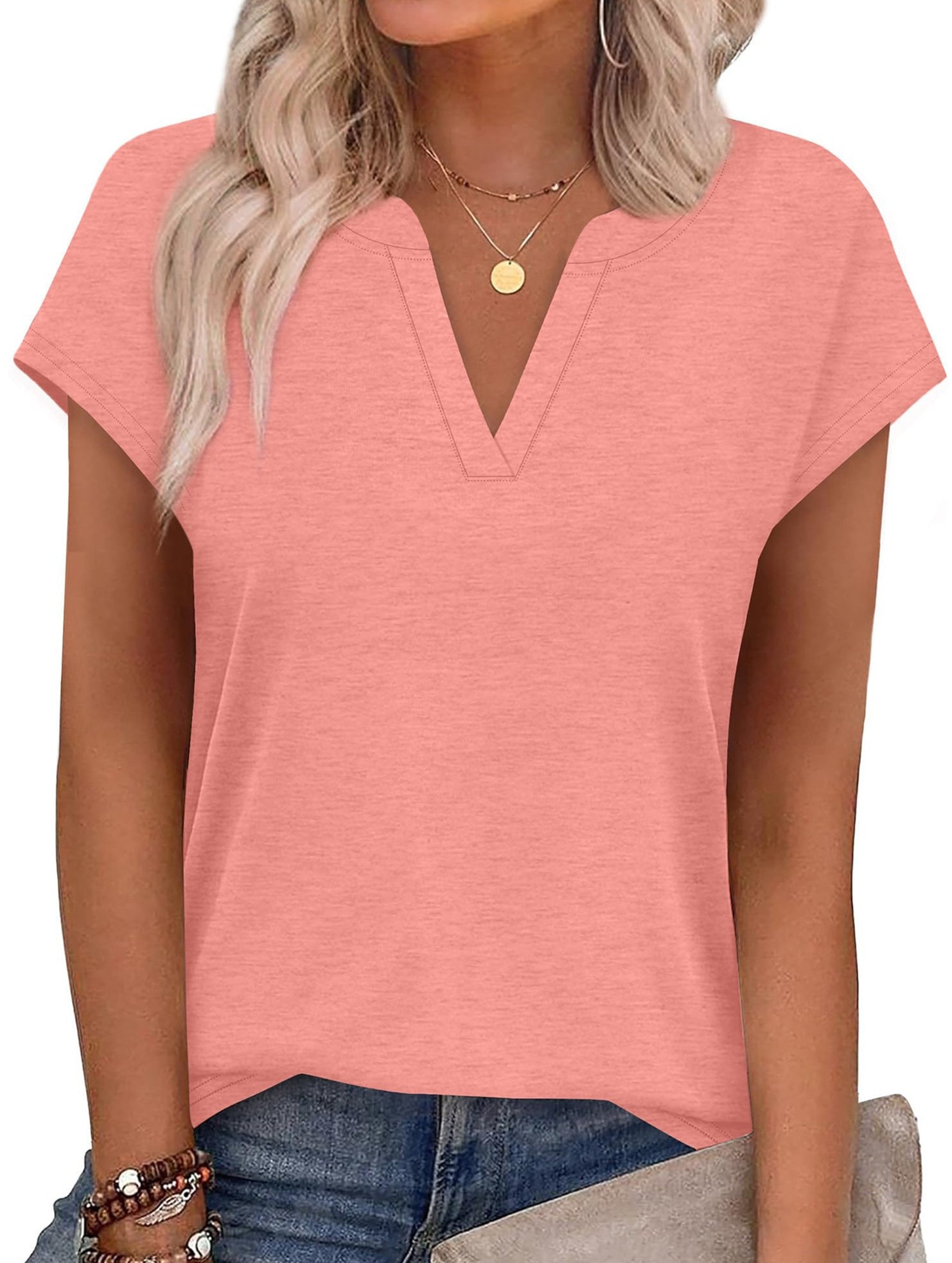 V Neck Patch Short Sleeve Tee_CWTTS00915