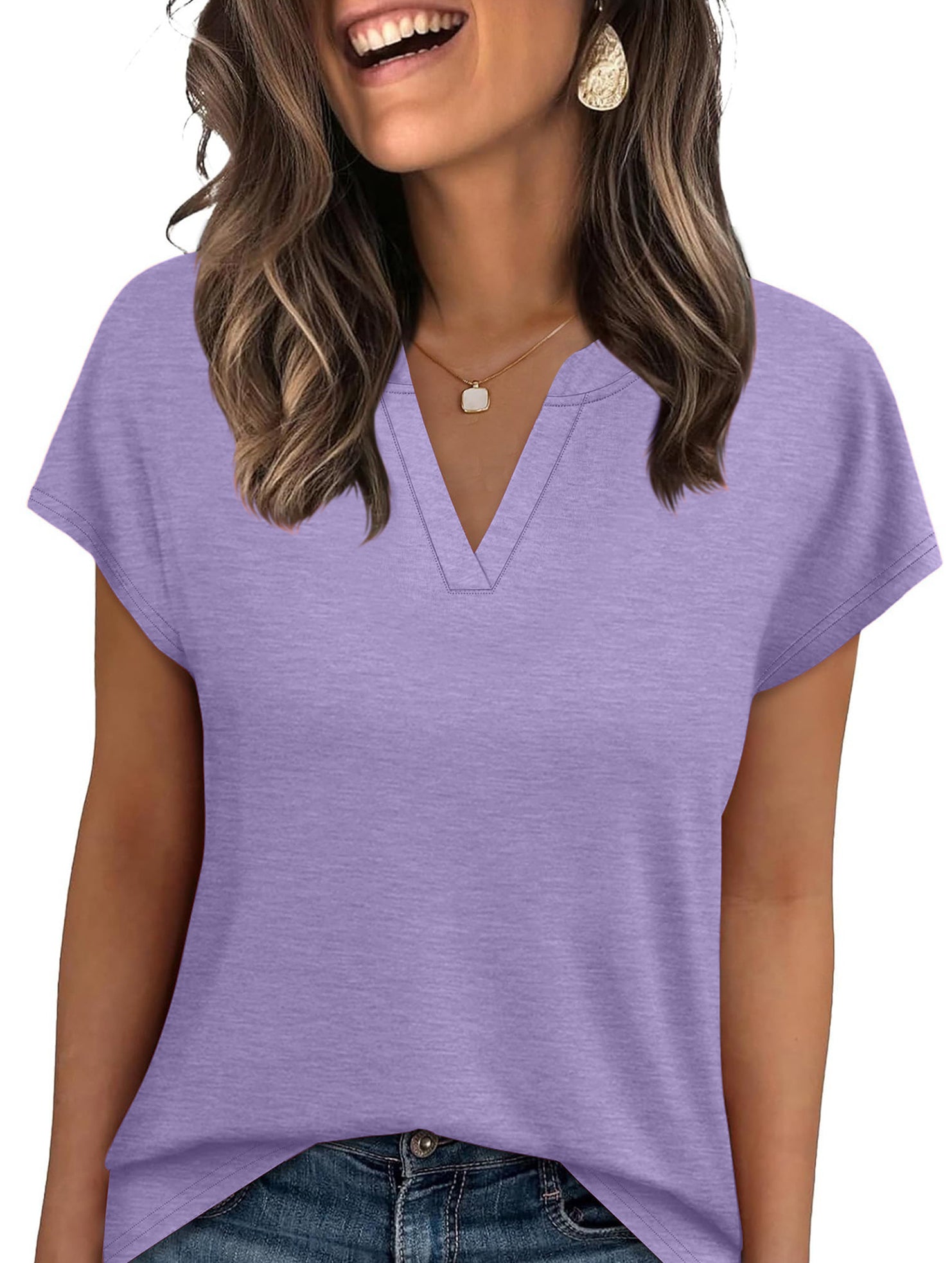 V Neck Patch Short Sleeve Tee_CWTTS00915