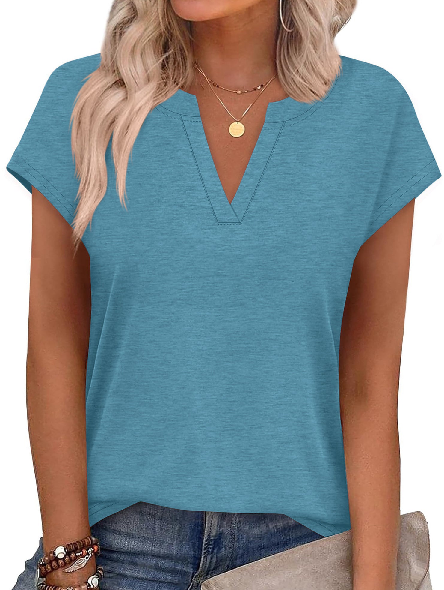 V Neck Patch Short Sleeve Tee_CWTTS00915