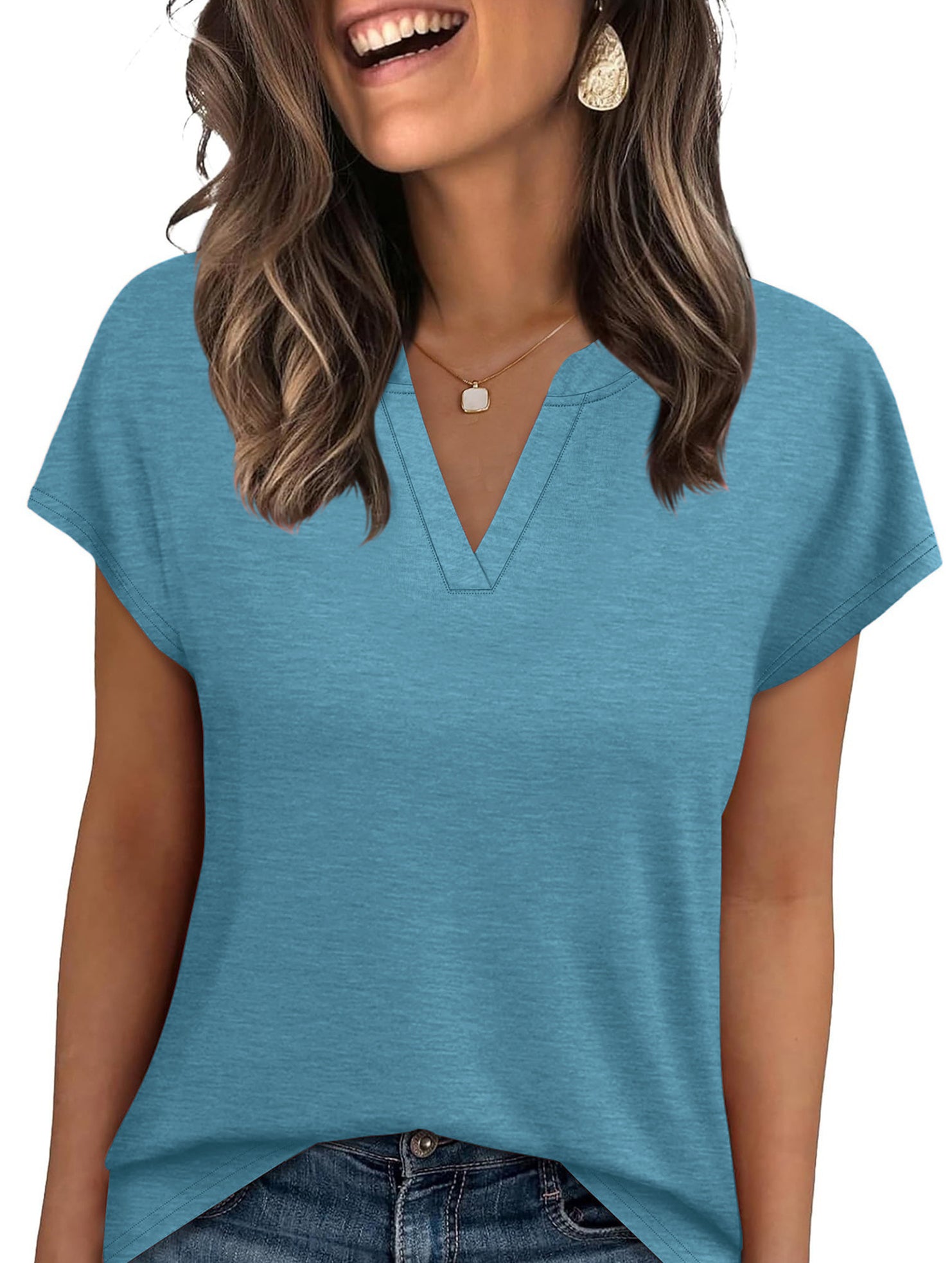 V Neck Patch Short Sleeve Tee_CWTTS00915