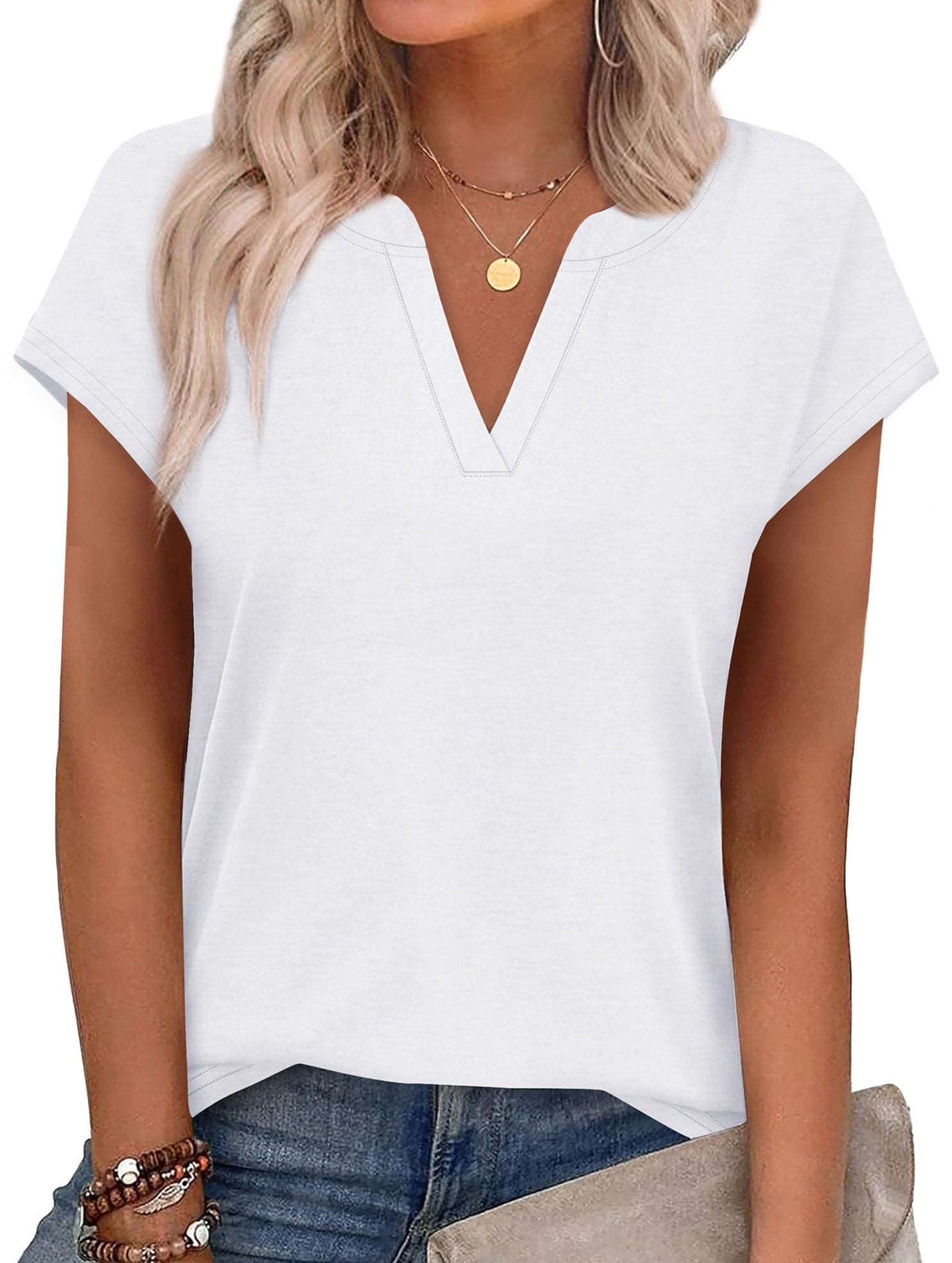V Neck Patch Short Sleeve Tee_CWTTS00915