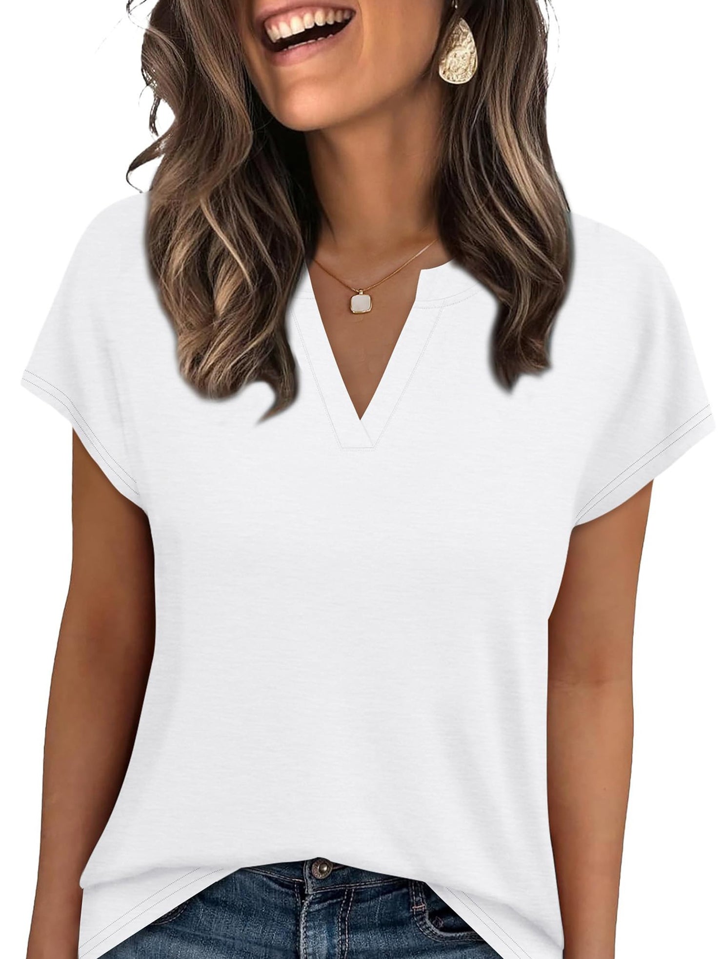 V Neck Patch Short Sleeve Tee_CWTTS00915