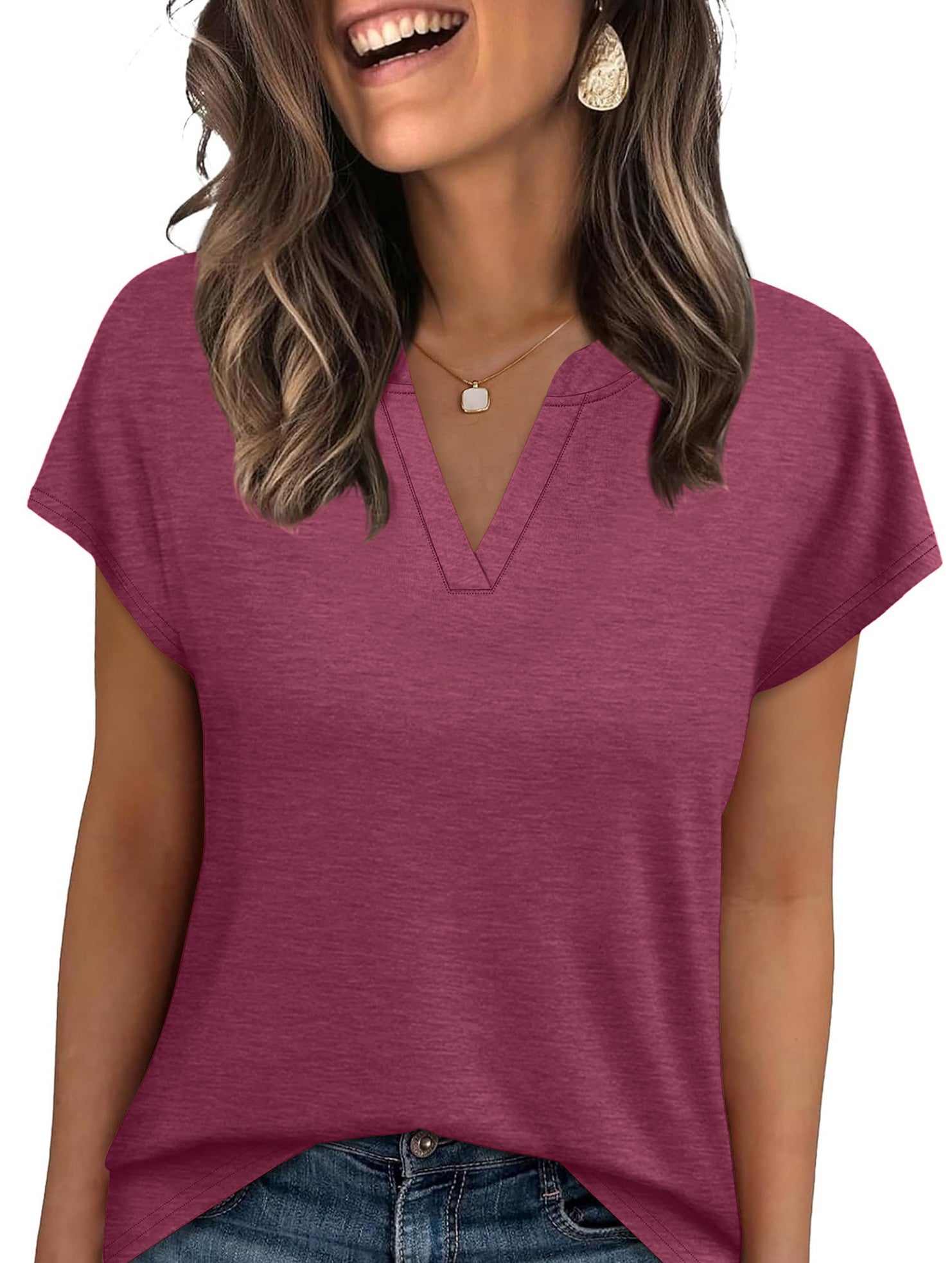 V Neck Patch Short Sleeve Tee_CWTTS00915