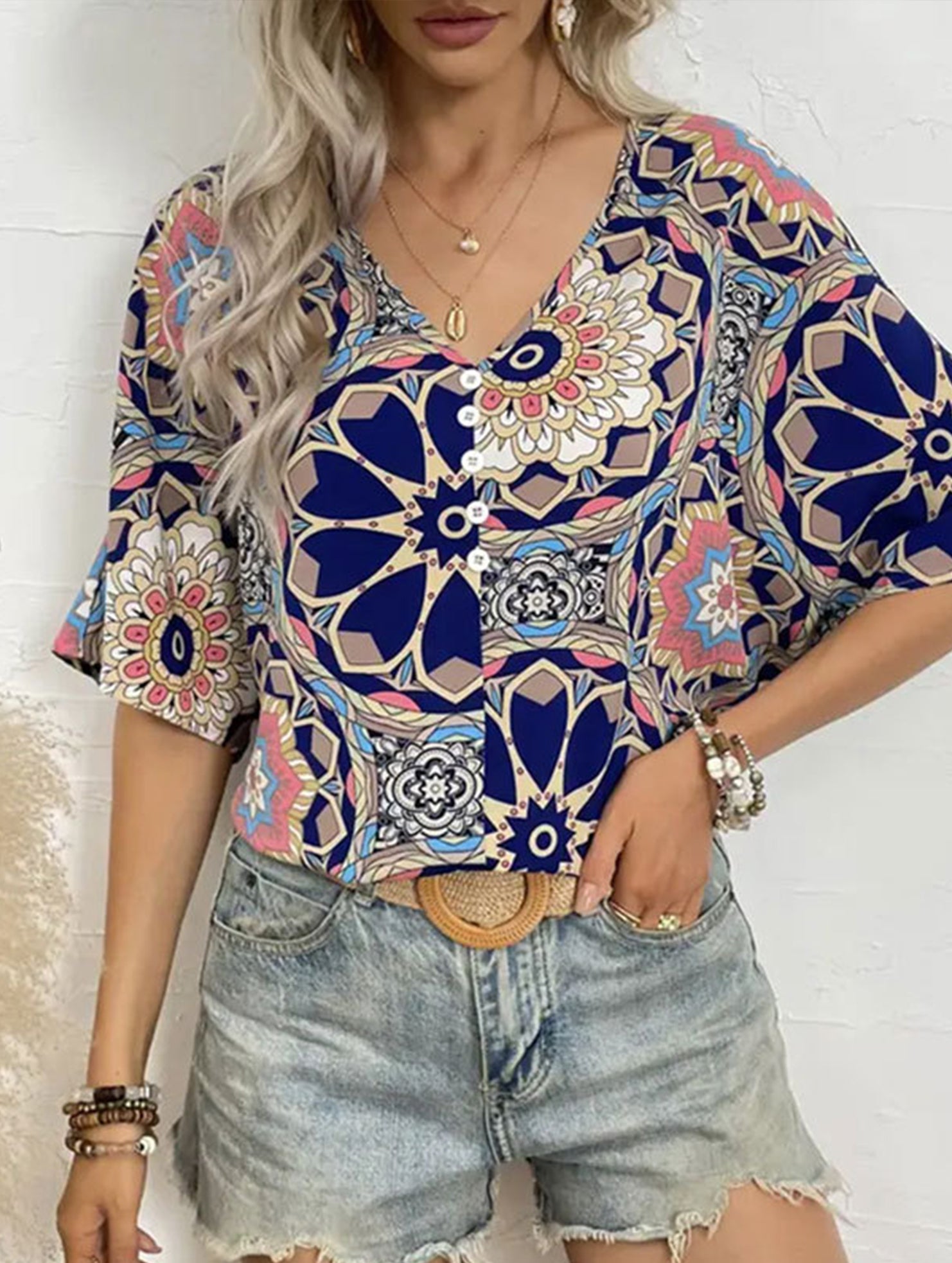 Batwing Sleeve Print Tee_CWTTS00918