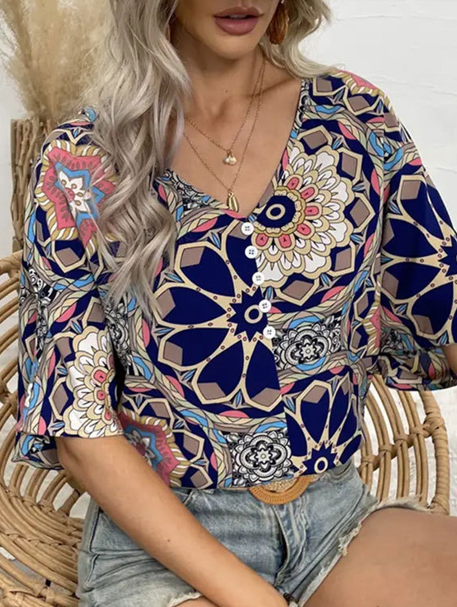 Batwing Sleeve Print Tee_CWTTS00918