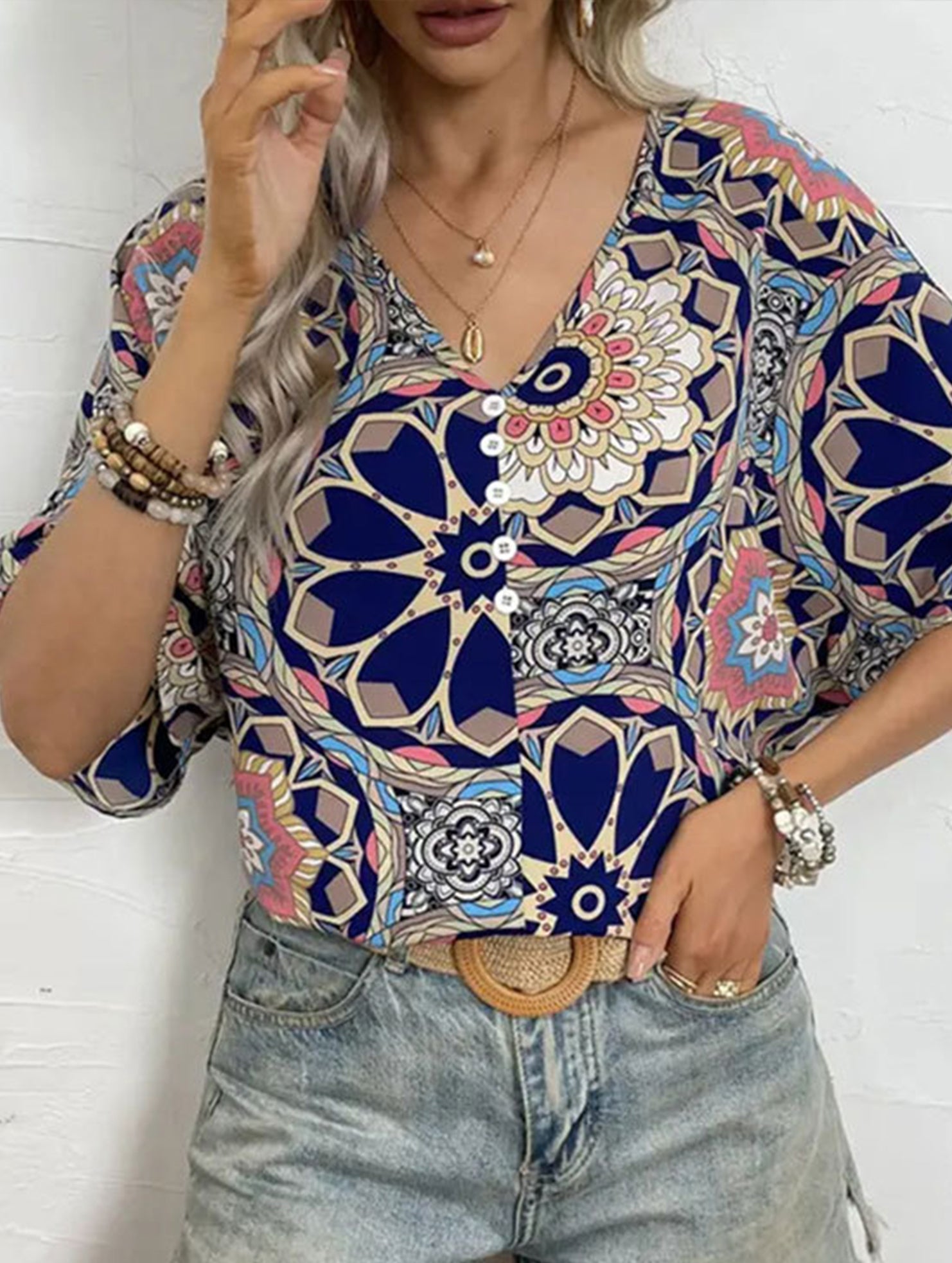Batwing Sleeve Print Tee_CWTTS00918