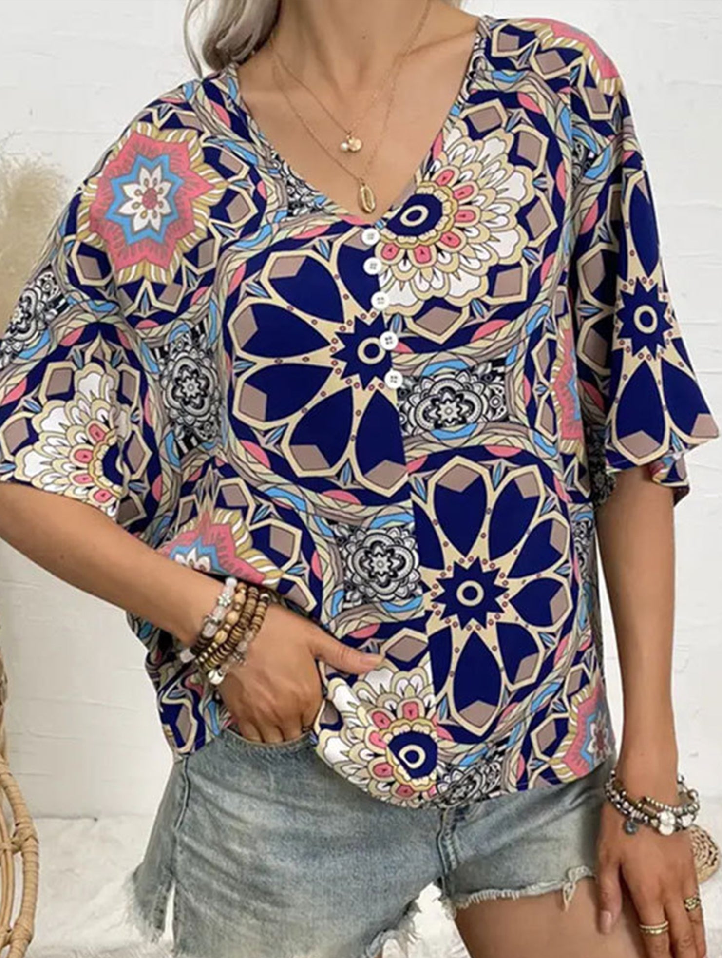 Batwing Sleeve Print Tee_CWTTS00918