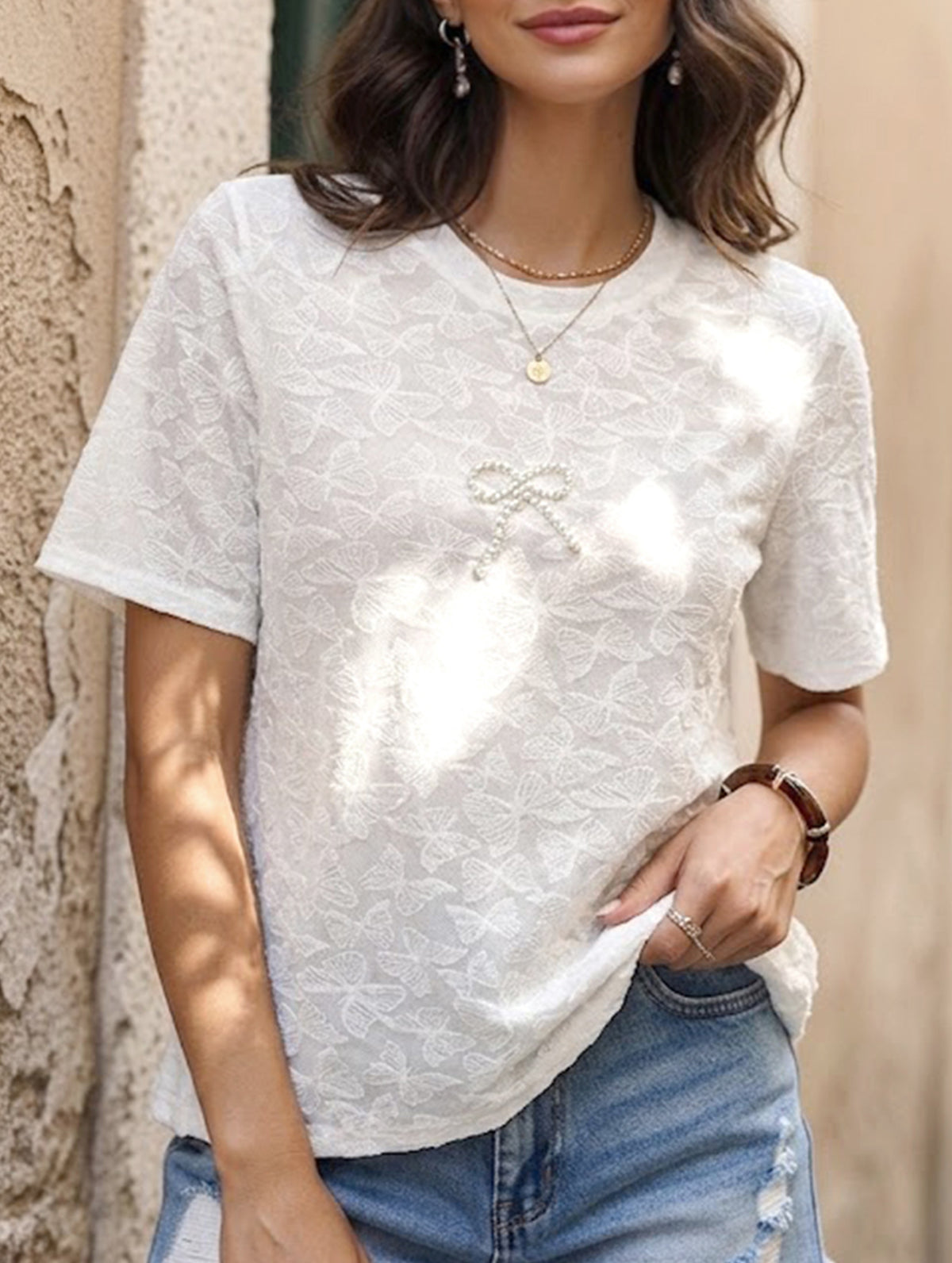 Beaded Bow Knit Tee_CWTTS00920
