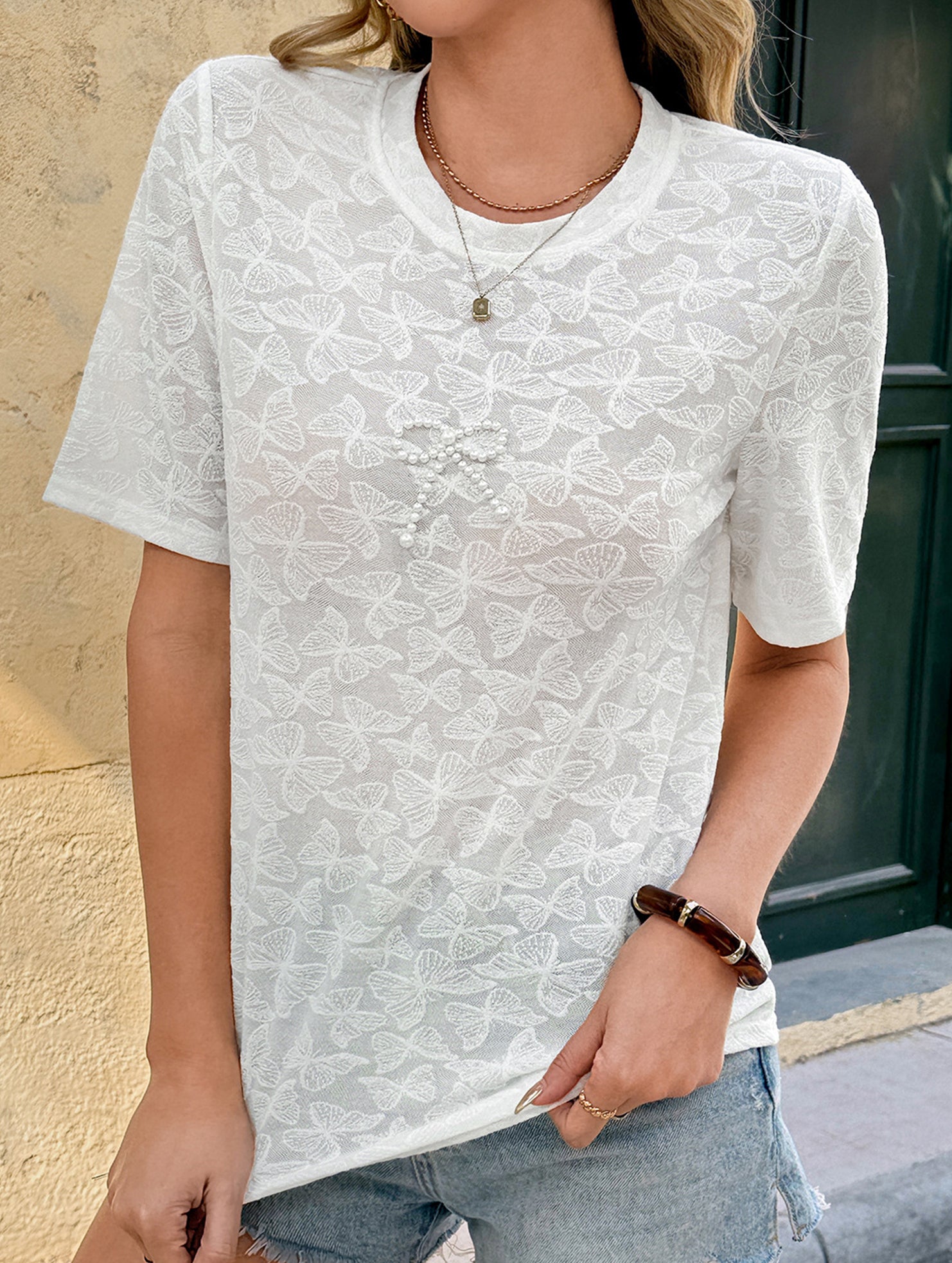 Beaded Bow Knit Tee_CWTTS00920