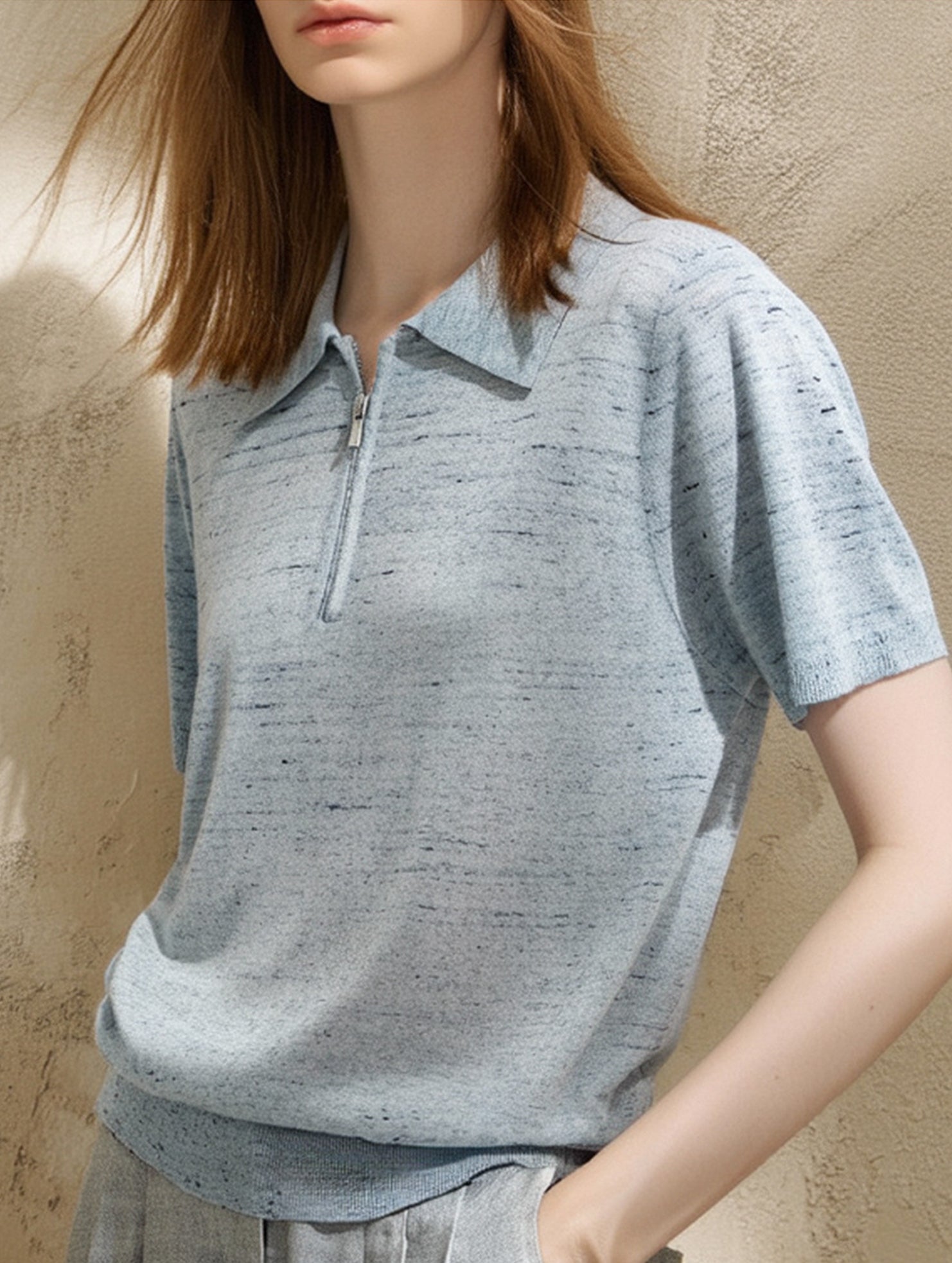 Knit Polo Zip Short Sleeve Top_CWTTS00923
