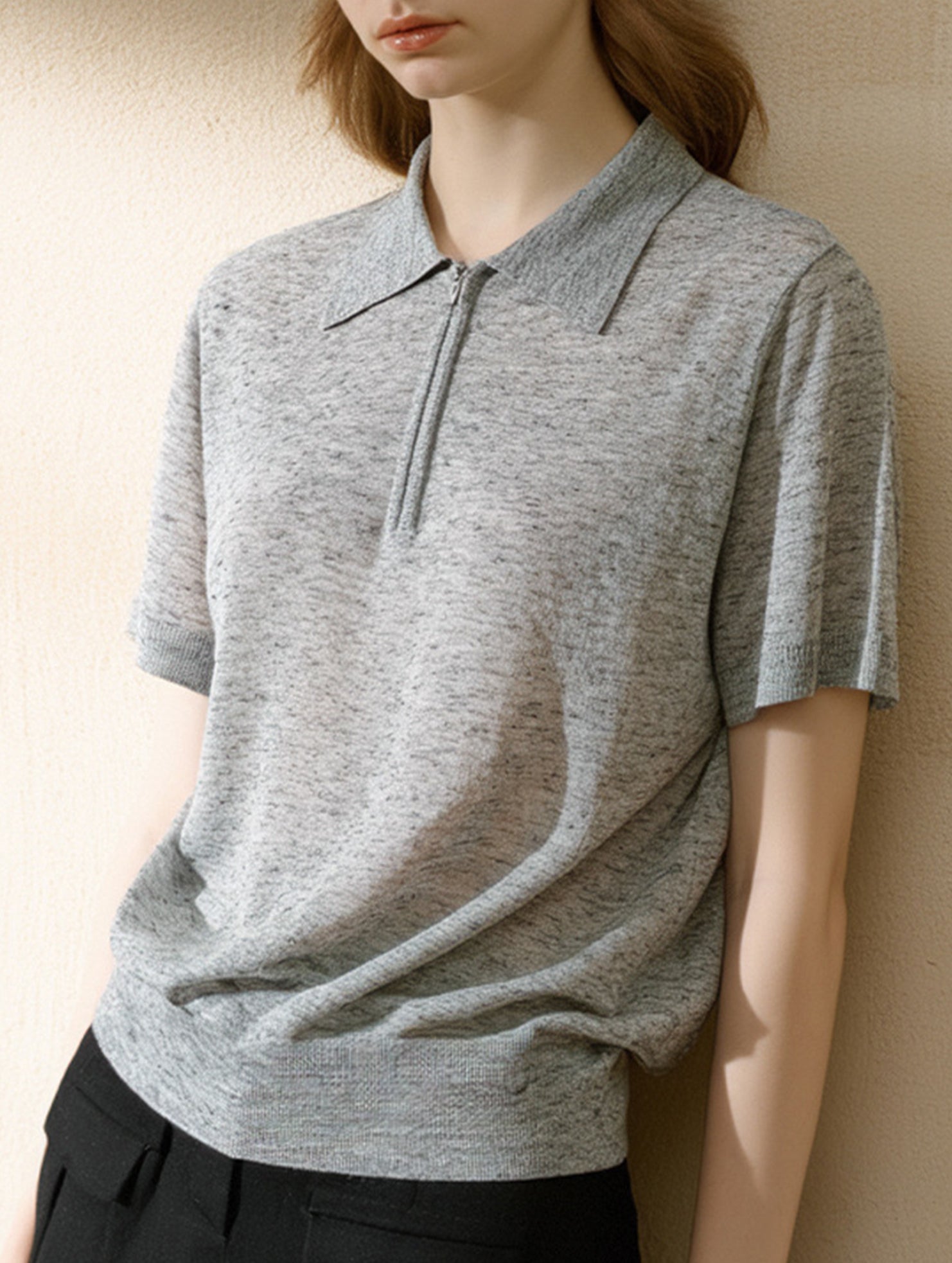 Knit Polo Zip Short Sleeve Top_CWTTS00923