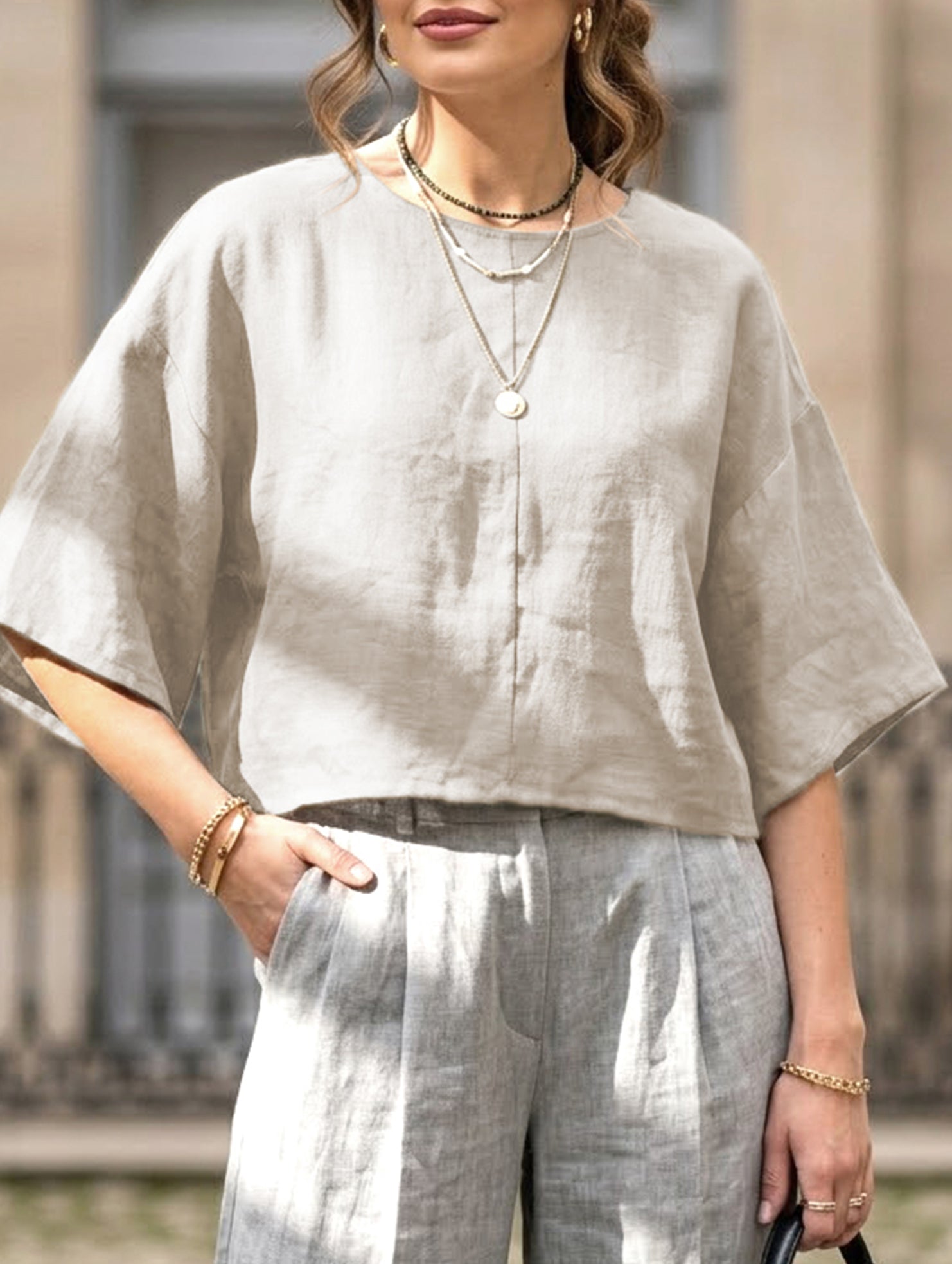 Linen Crewneck Short Sleeve Tee_CWTTS00924