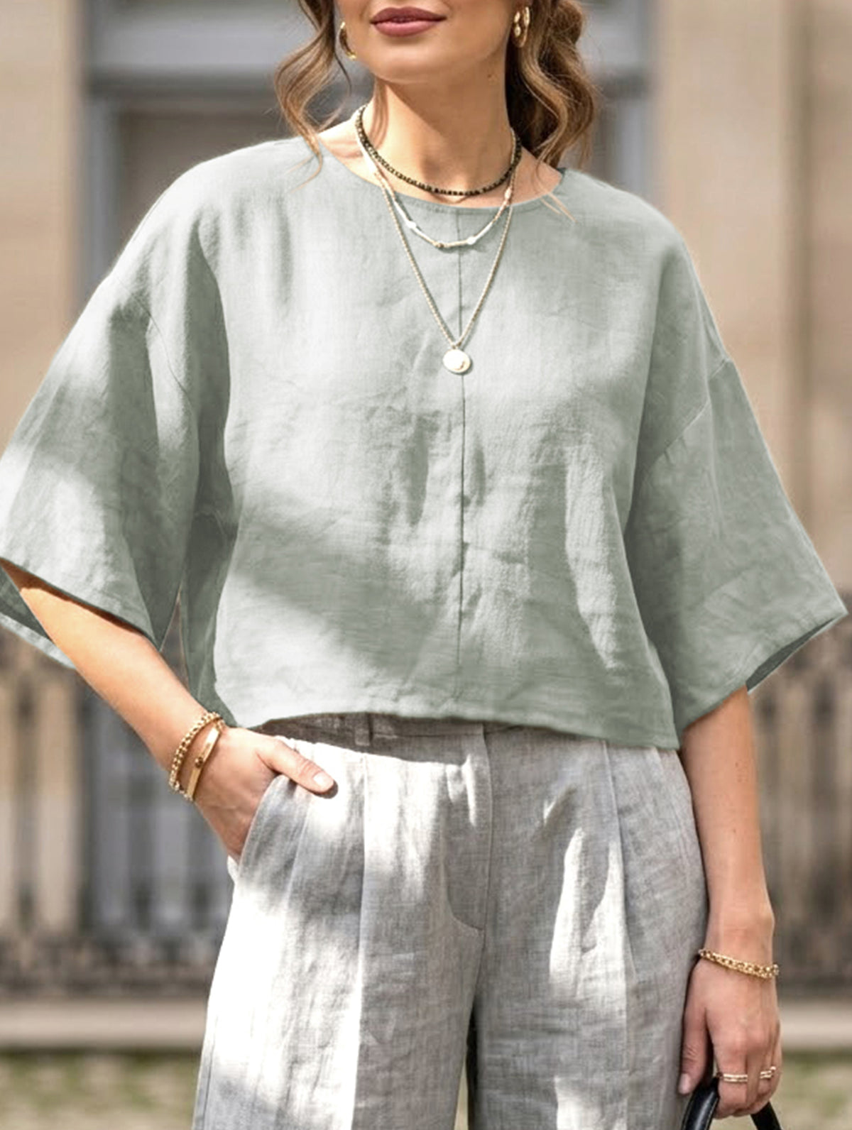 Linen Crewneck Short Sleeve Tee_CWTTS00924