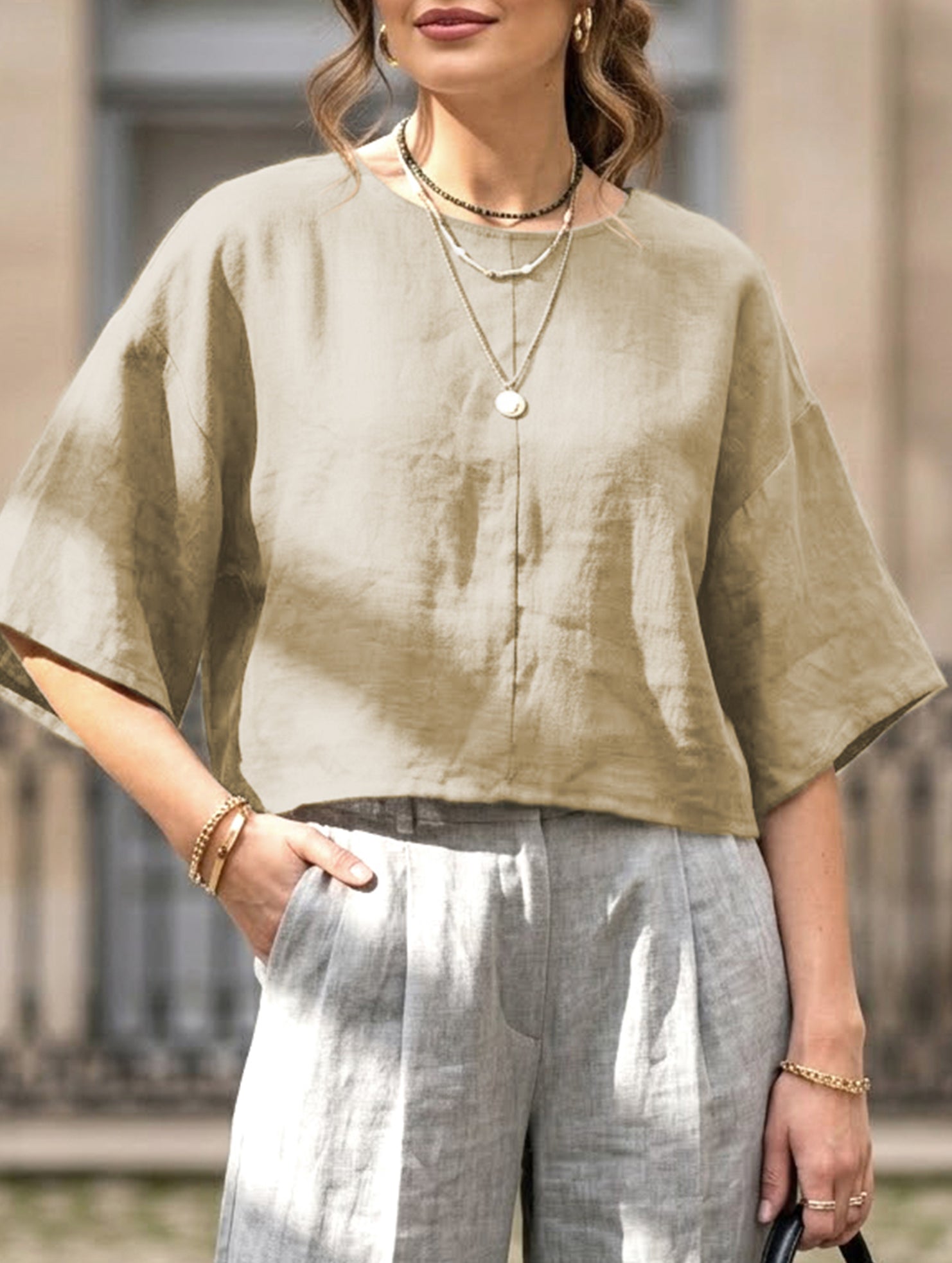 Linen Crewneck Short Sleeve Tee_CWTTS00924