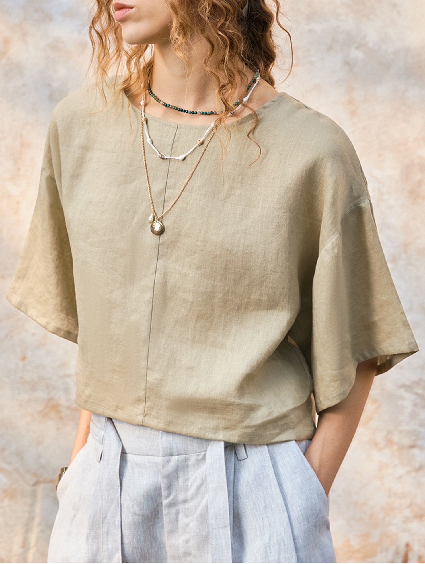 Linen Crewneck Short Sleeve Tee_CWTTS00924